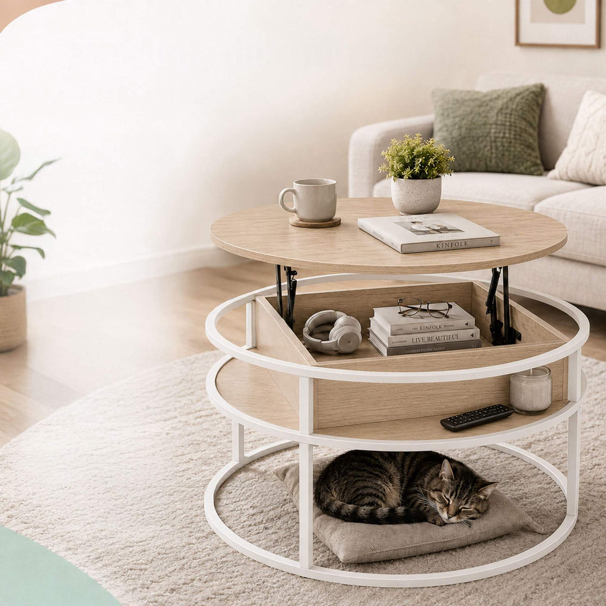 Lift-Top Coffee Table with Storage, White-Beige
