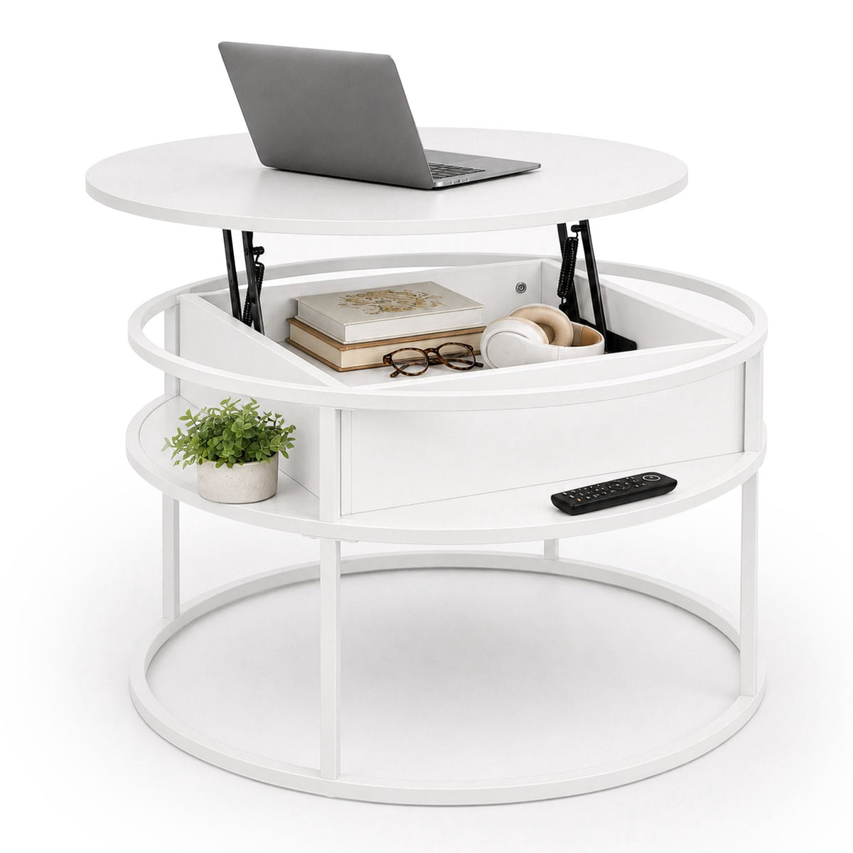 Lift-Top Coffee Table with Storage – White, MDF & Metal