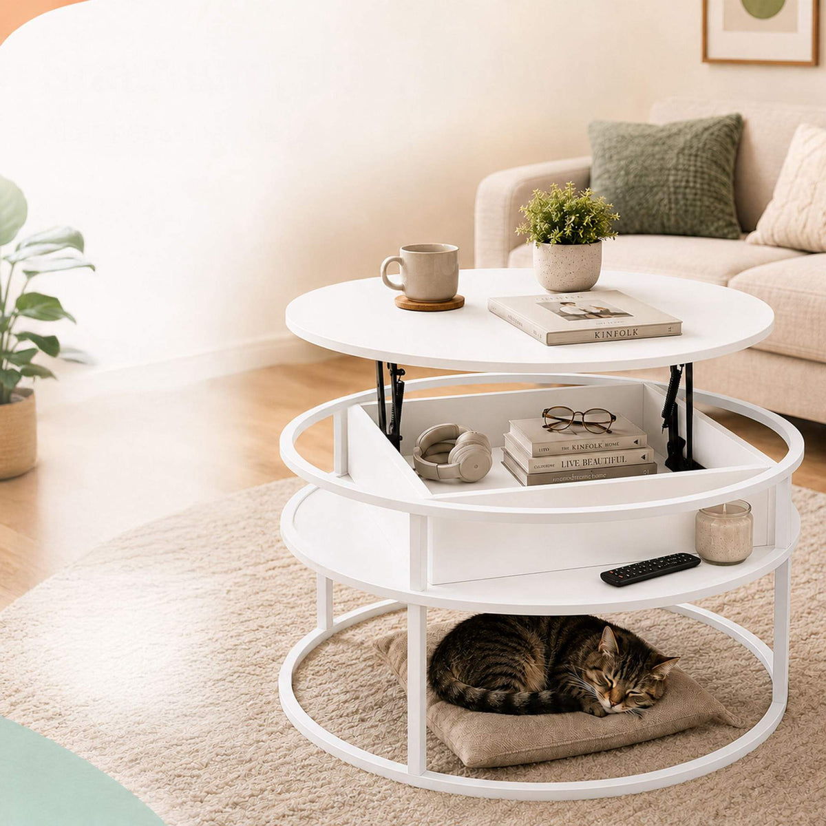Lift-Top Coffee Table with Storage – White, MDF & Metal