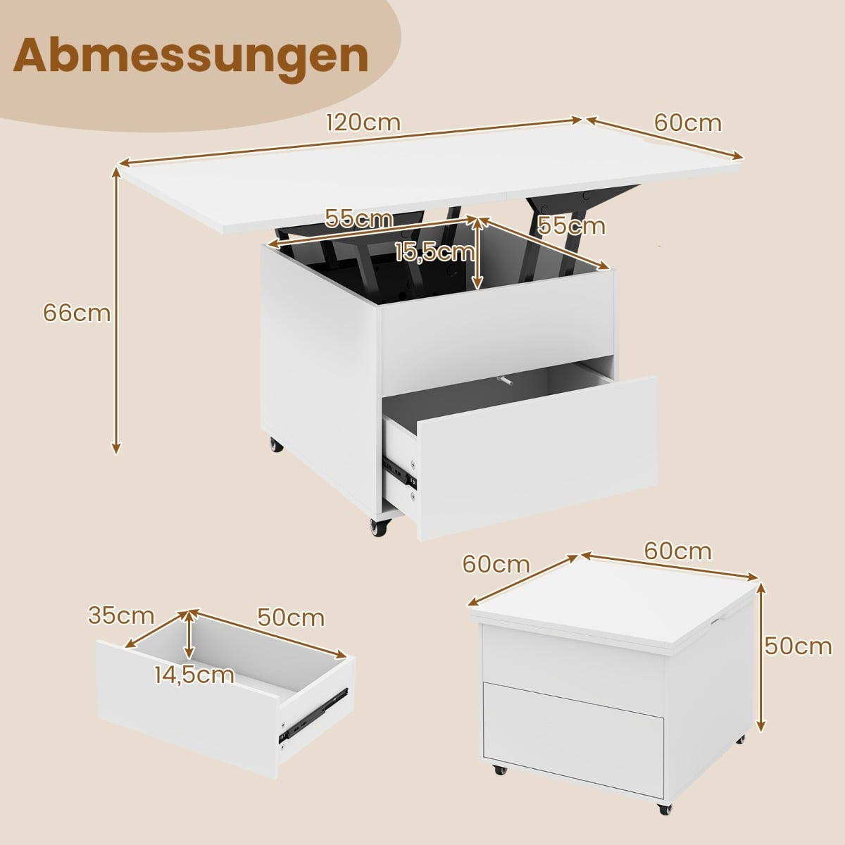 Lift-Top Coffee Table with Storage, White, Mobile