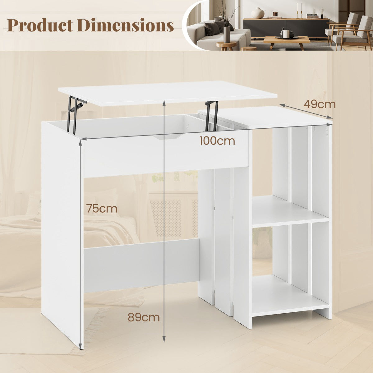 Lift-Top Sit-Stand Computer Desk, 100 x 49 cm, White