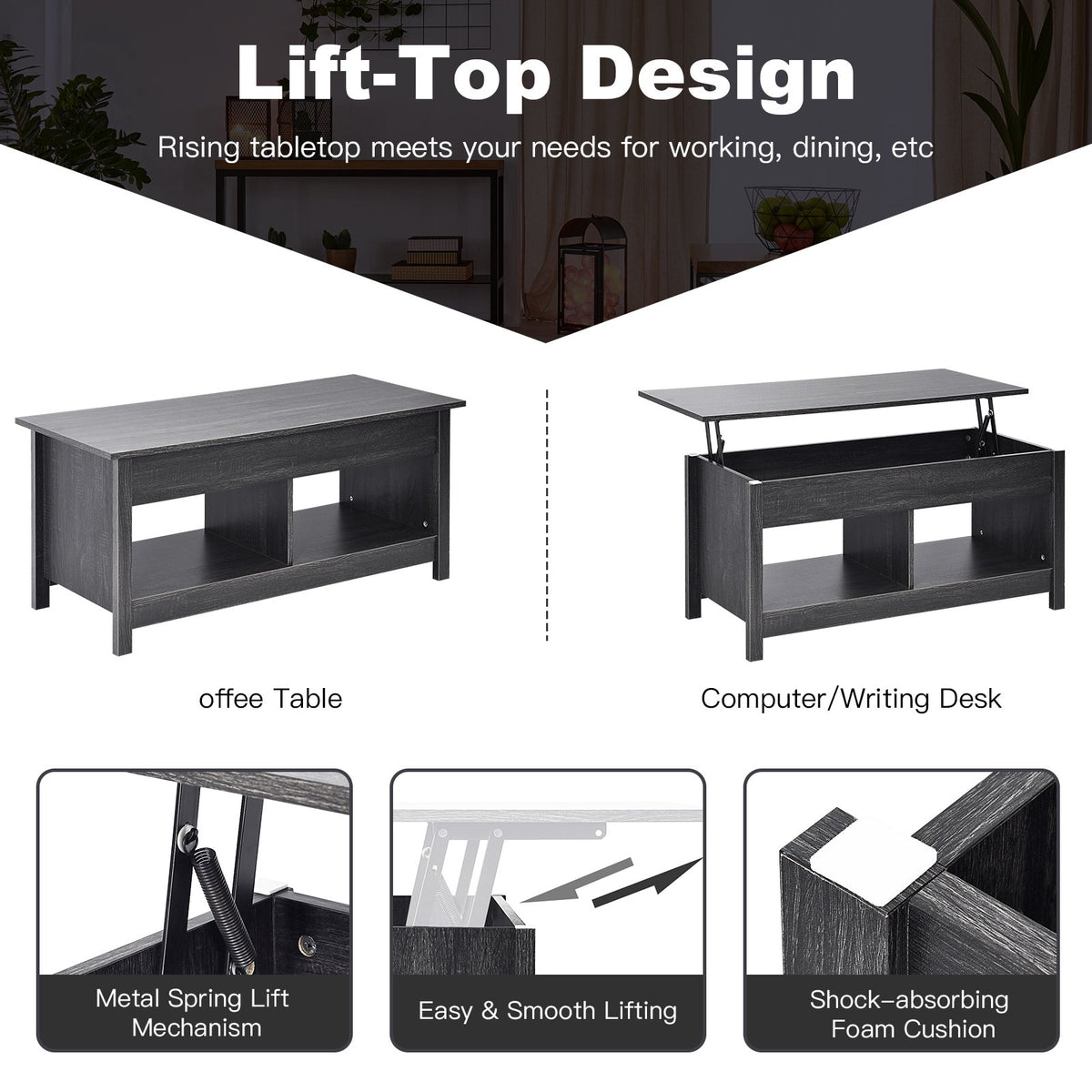 Lift-Top Storage Coffee Table, 109 cm, Black