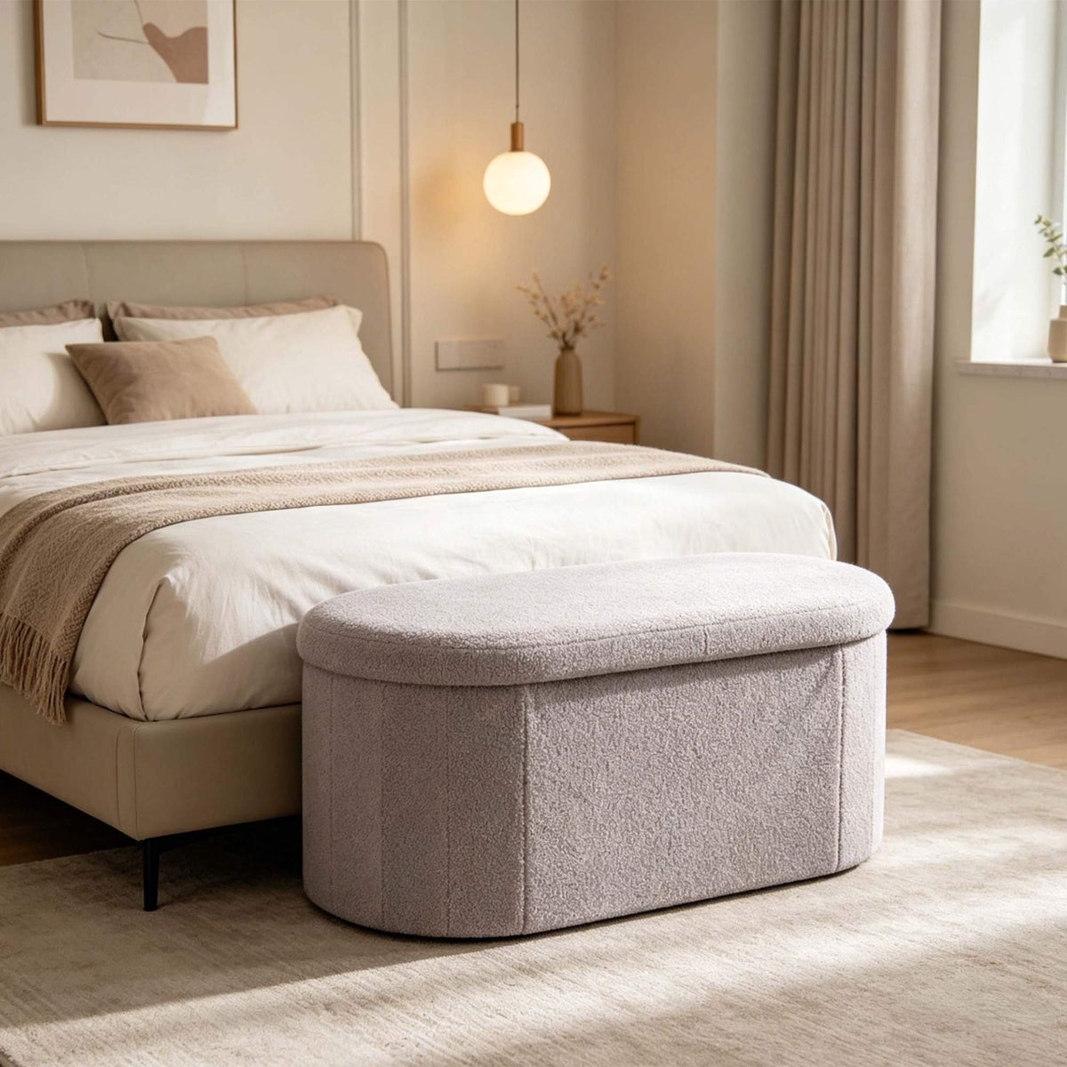 Light Grey Teddy Fabric Storage Bench – 76 cm Oval