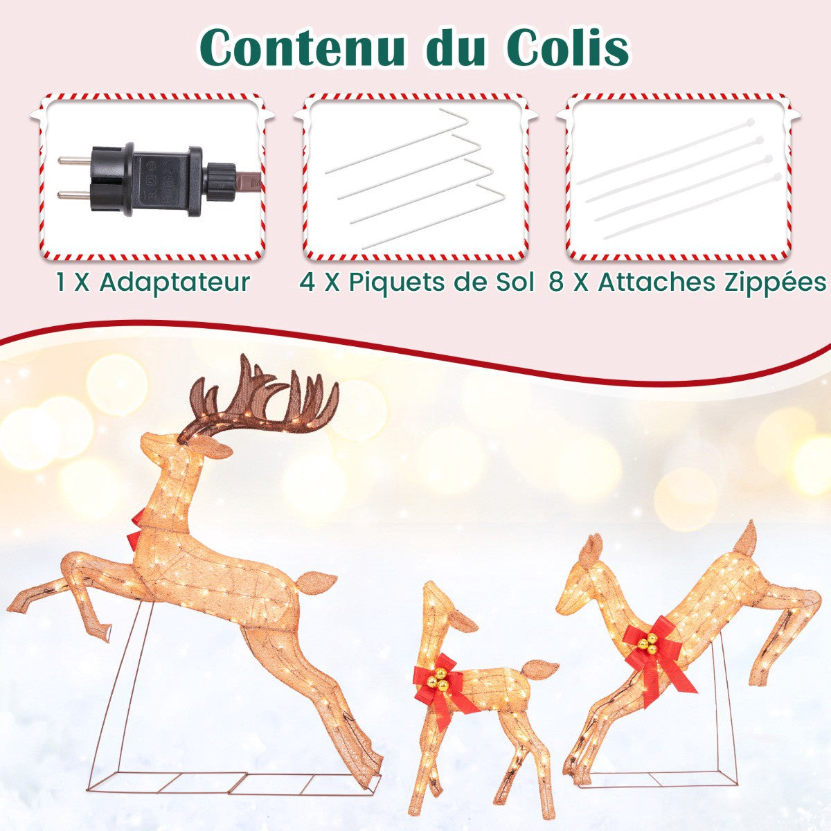 Lighted Christmas Reindeer Set, 3-Piece, 255 Warm Lights
