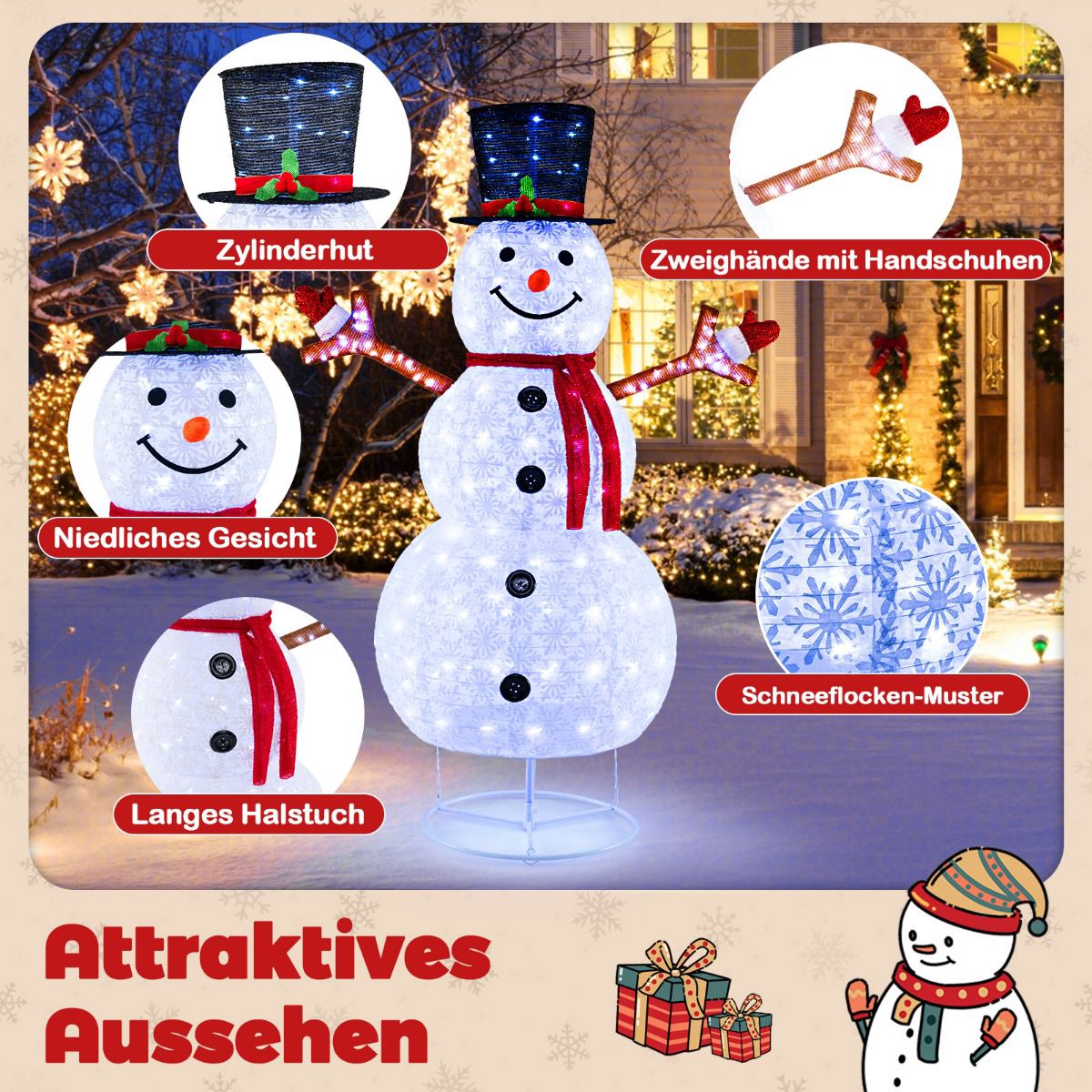 Lighted Christmas Snowman 6ft, 200 Cool White LEDs