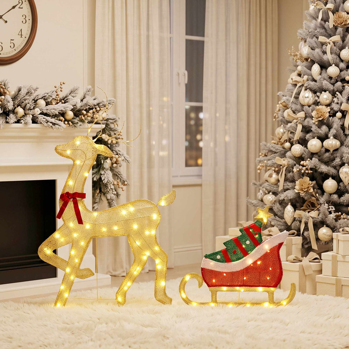 Lighted Reindeer & Sleigh Outdoor Christmas Decor, 95 LEDs