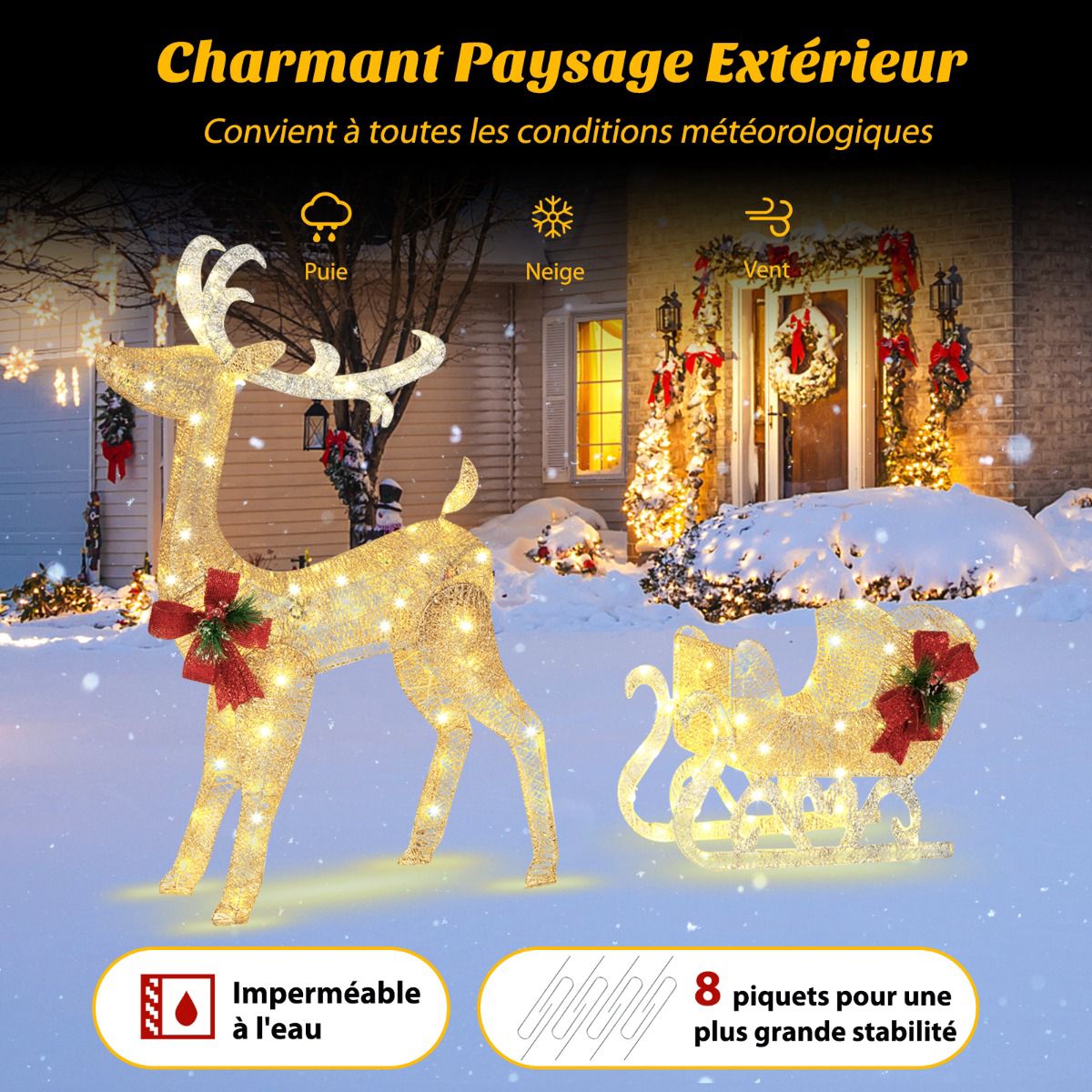 Lighted Reindeer and Sleigh, 100 Warm White LED Lights – Indoor Outdoor