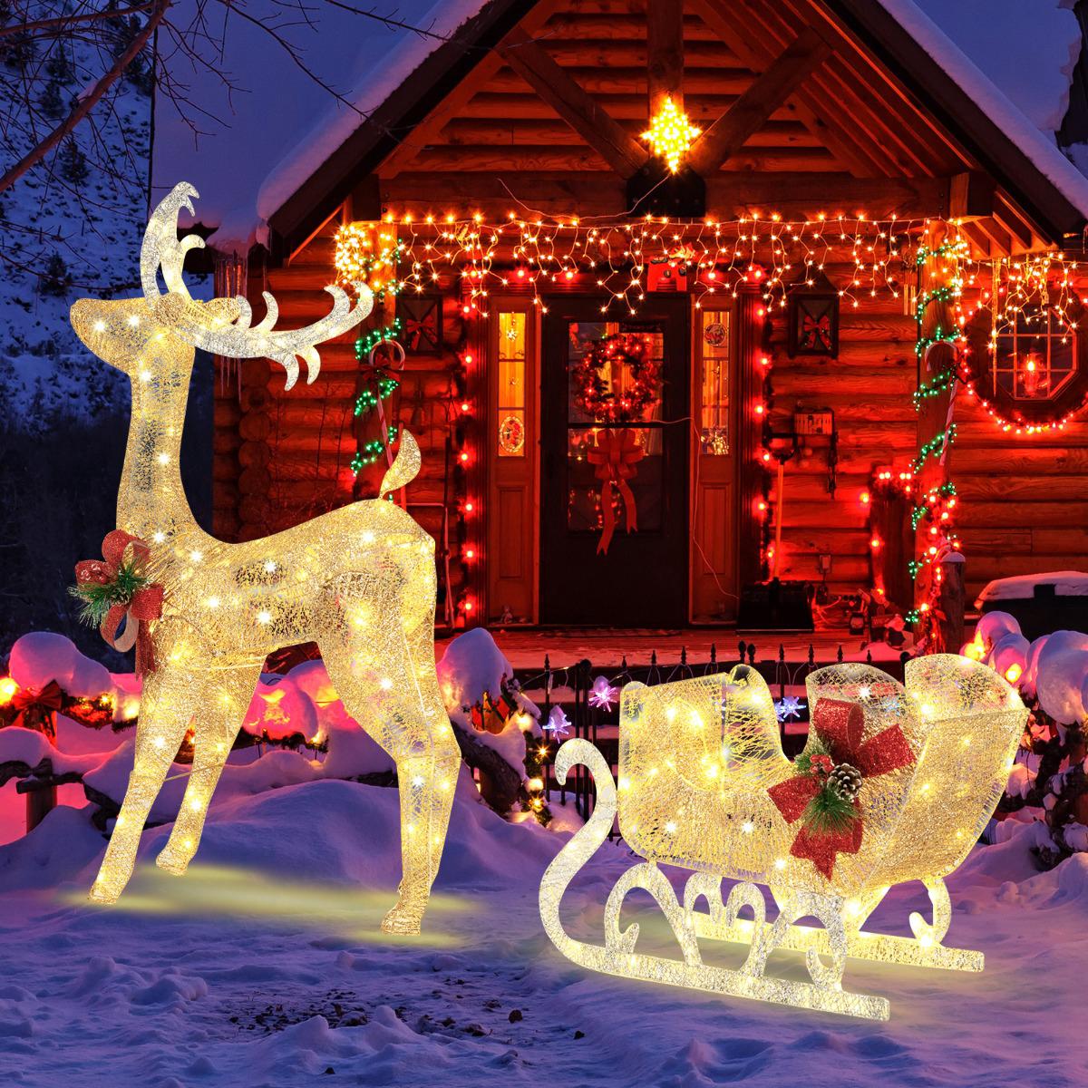 Lighted Reindeer and Sleigh, 100 Warm White LED Lights – Indoor Outdoor