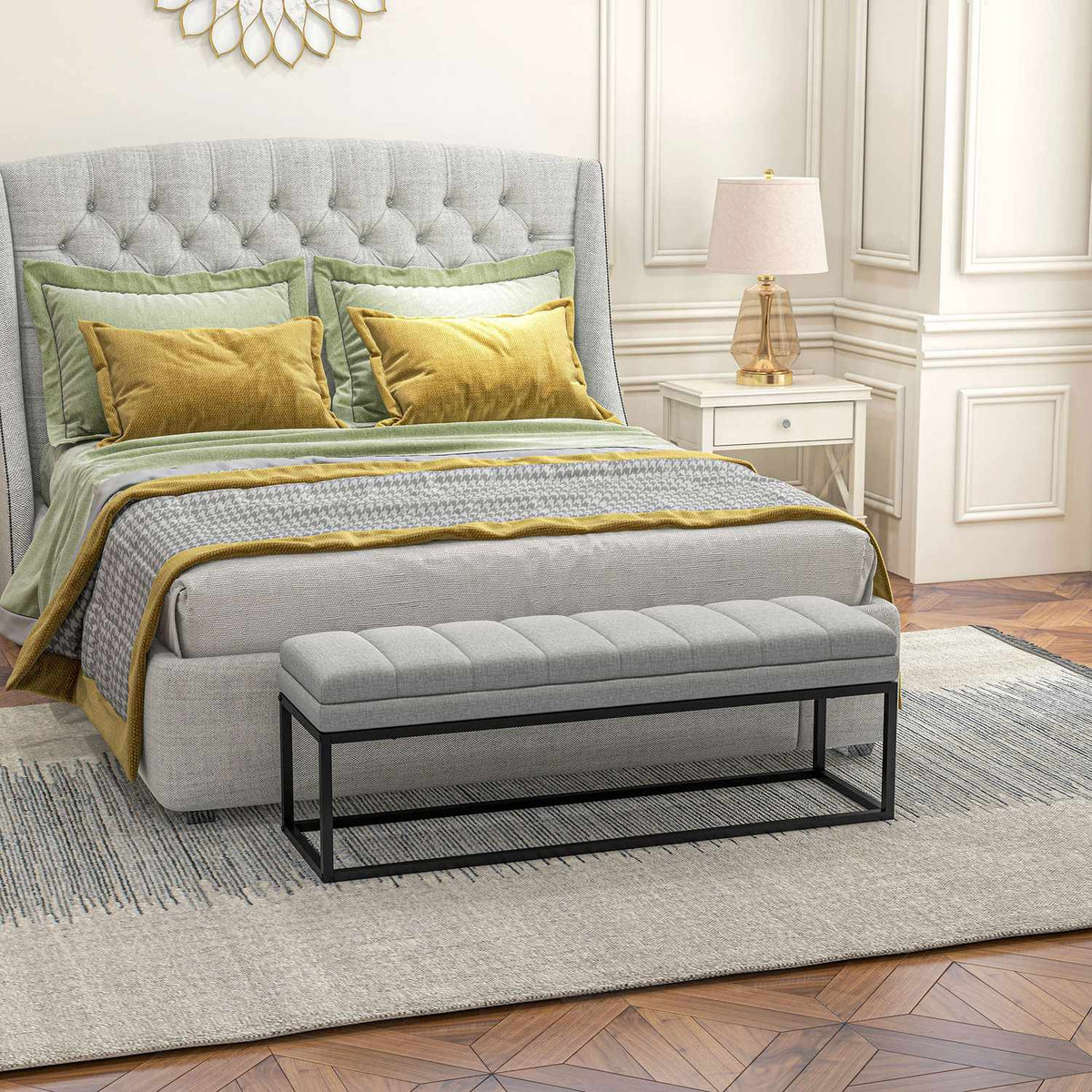 Light gray upholstered bench in linen look for bedrooms