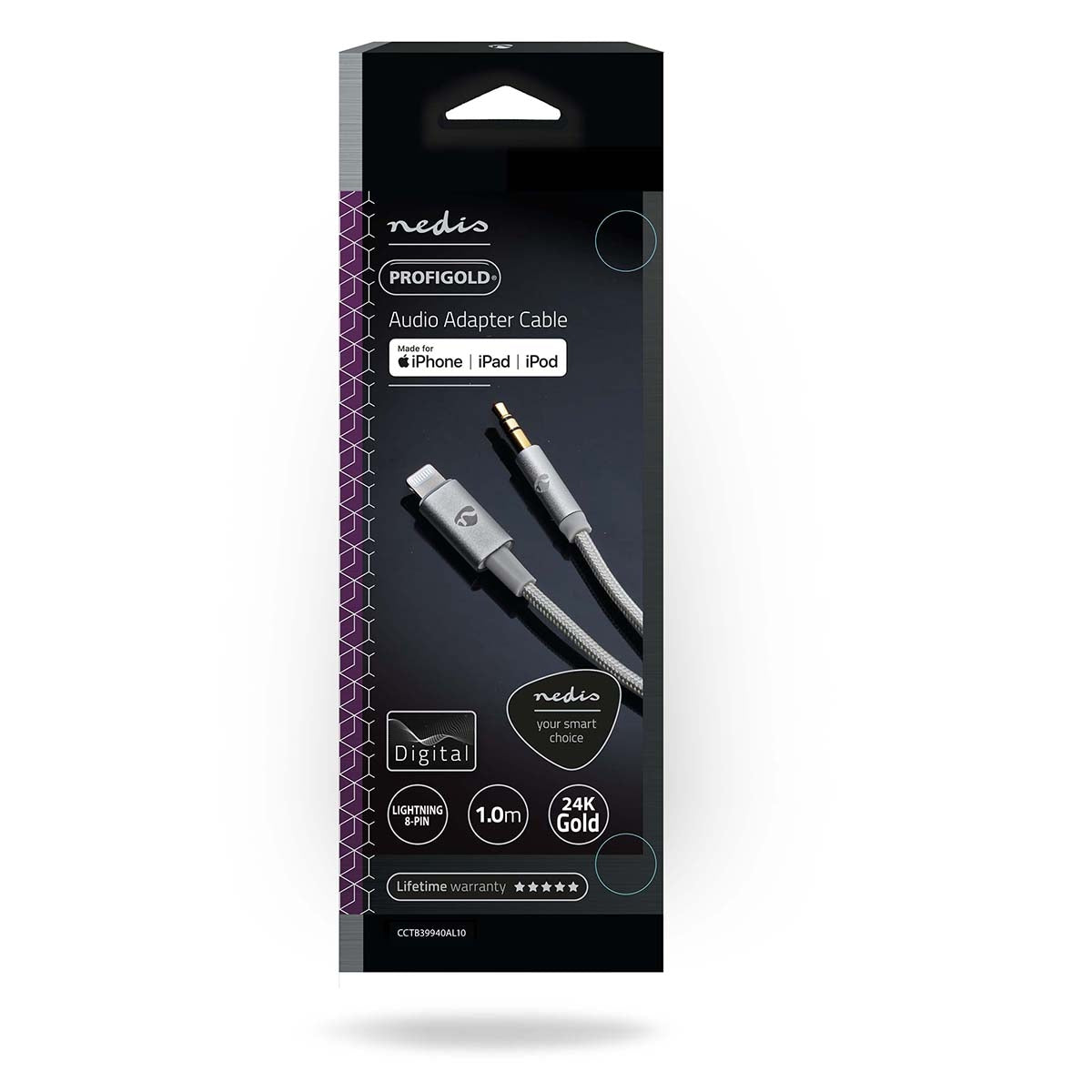 Lightning Adapter | Apple Lightning, 8-pin | 3.5 mm Male | Gold Plated | 1.00 m | Round | Nylon