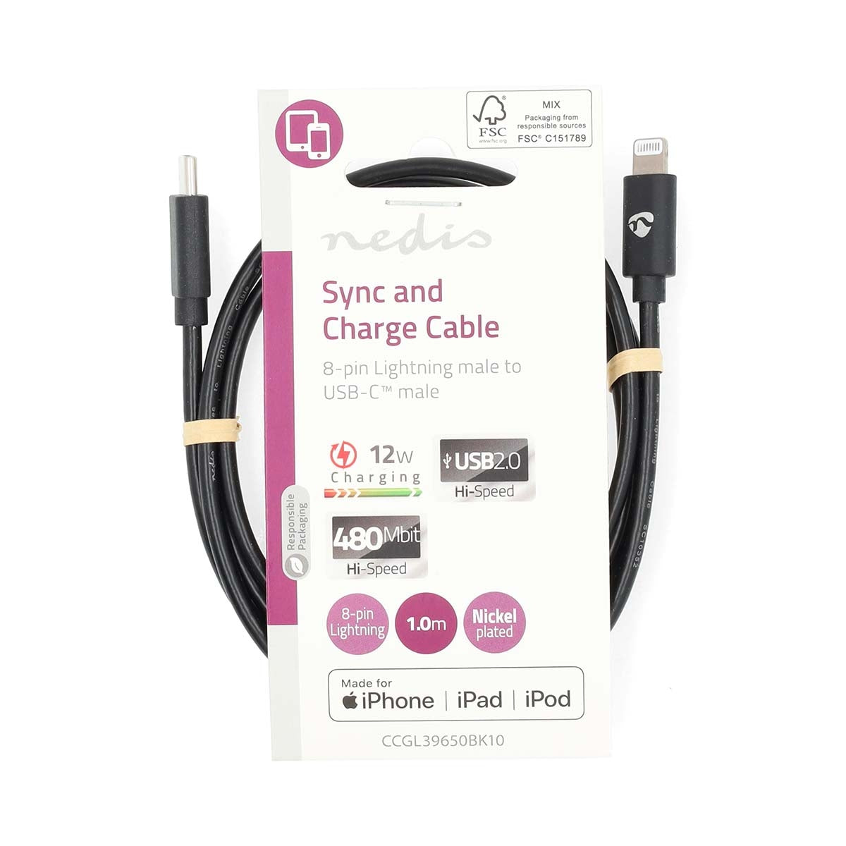 Lightning Cable | USB 2.0 | Apple Lightning 8-Pin | USB-C™ Male | 480 Mbps | Nickel Plated | 1.00 m | Round | PVC | Black | Label