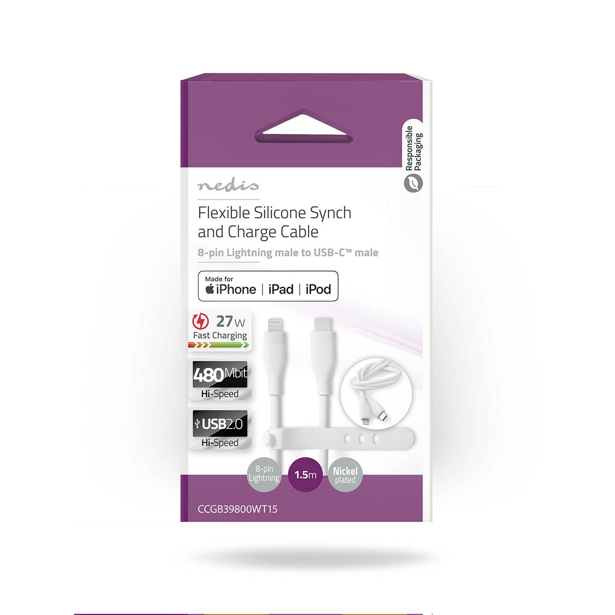 Lightning Cable | USB 2.0 | Apple Lightning, 8-pin | USB-C™ Male | 480 Mbps | Nickel Plated | 1.50 m | Round | Silicone | White | Box