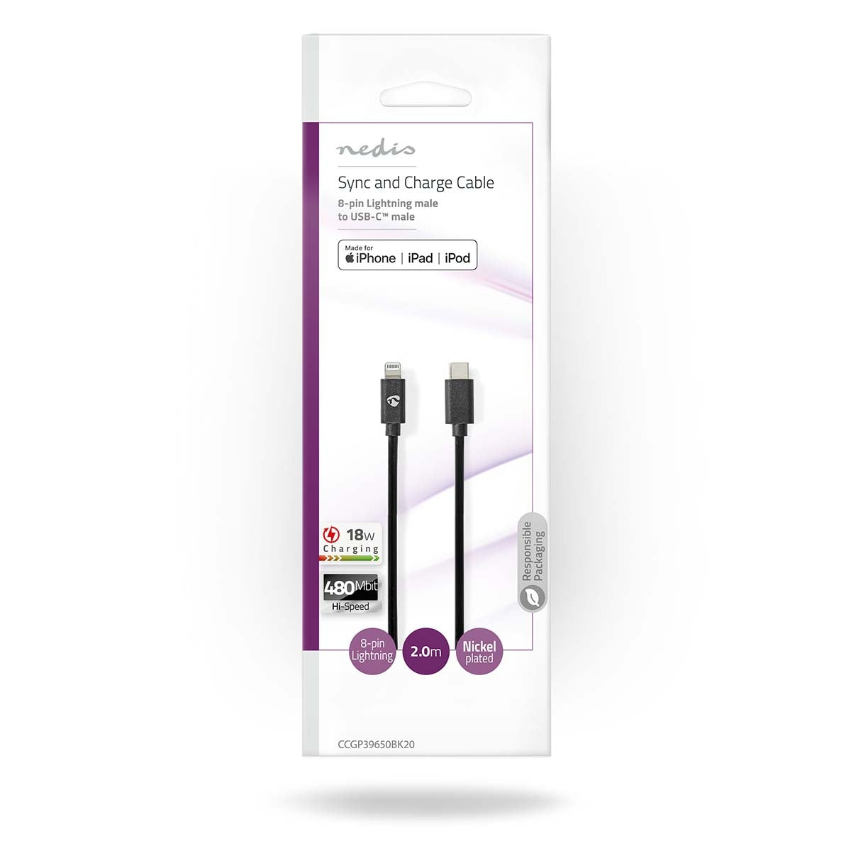 Lightning Cable | USB 2.0 | Apple Lightning, 8-pin | USB-C™ Male | 480 Mbps | Nickel Plated | 2.00 m | Round | PVC | Black | Envelope