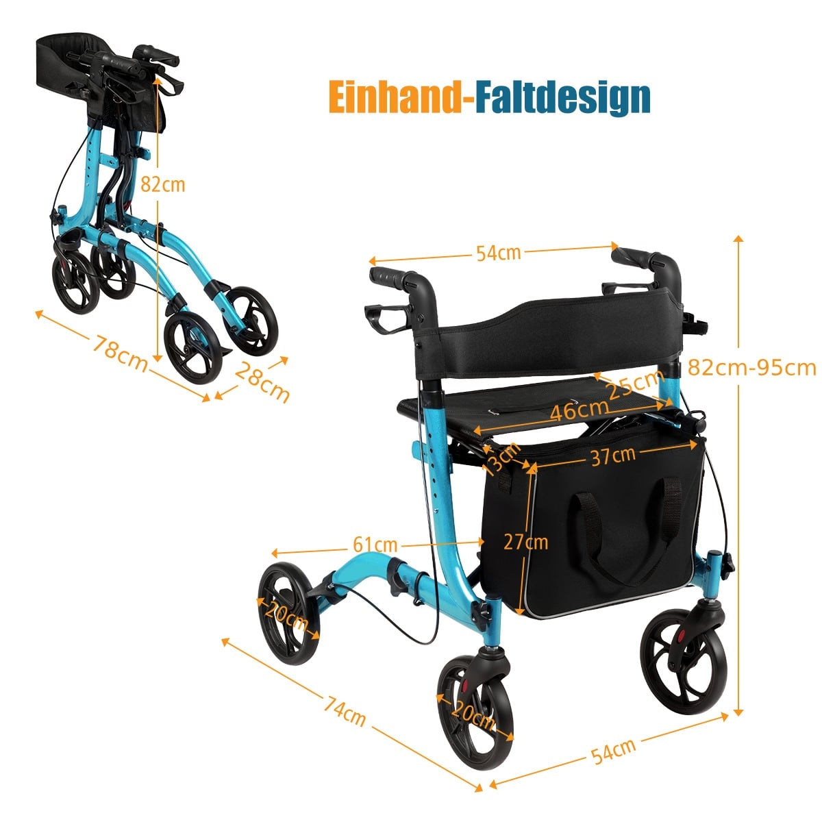 Lightweight Foldable Rollator, Adjustable Height, Blue
