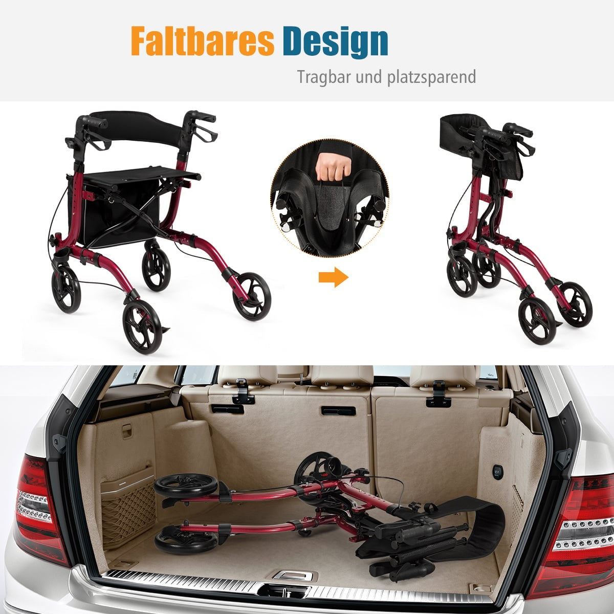 Lightweight Foldable Rollator, Adjustable Height, Red