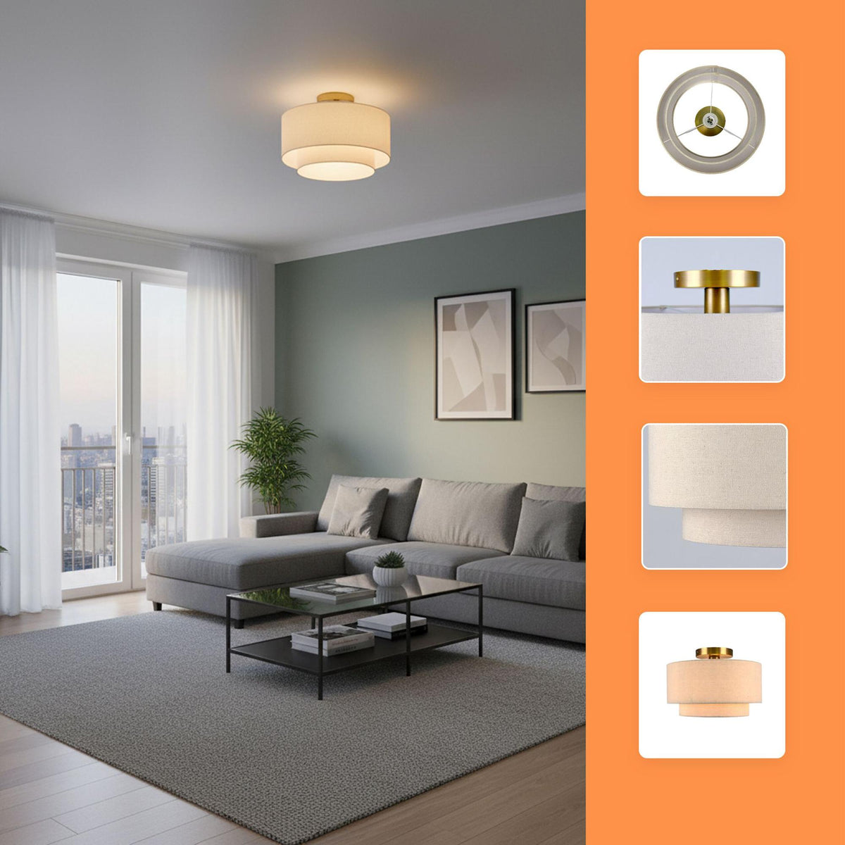 Linen Ceiling Lamp, Beige Bronze, 24x35 cm