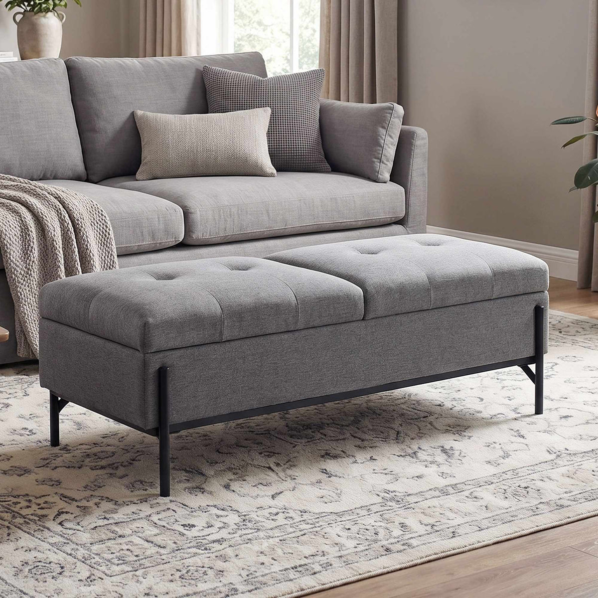 Linen Storage Bench with Dual Compartments, 117 x 50 x 44 cm