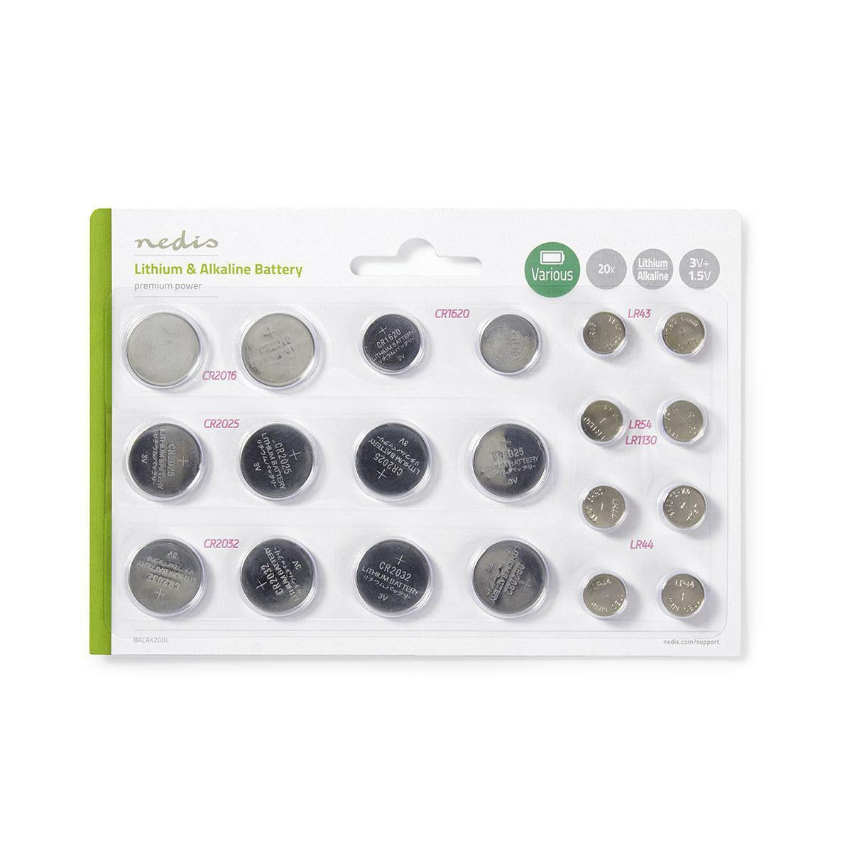 Lithium / Alkaline Button Cell Battery Multi Pack | 1.5 / 3 V DC | Alkaline / Lithium | CR1620 / CR2016 / CR2025 / CR2032 / LR43 / LR44 / LR54 | Number of batteries: 20 pcs. | Various devices