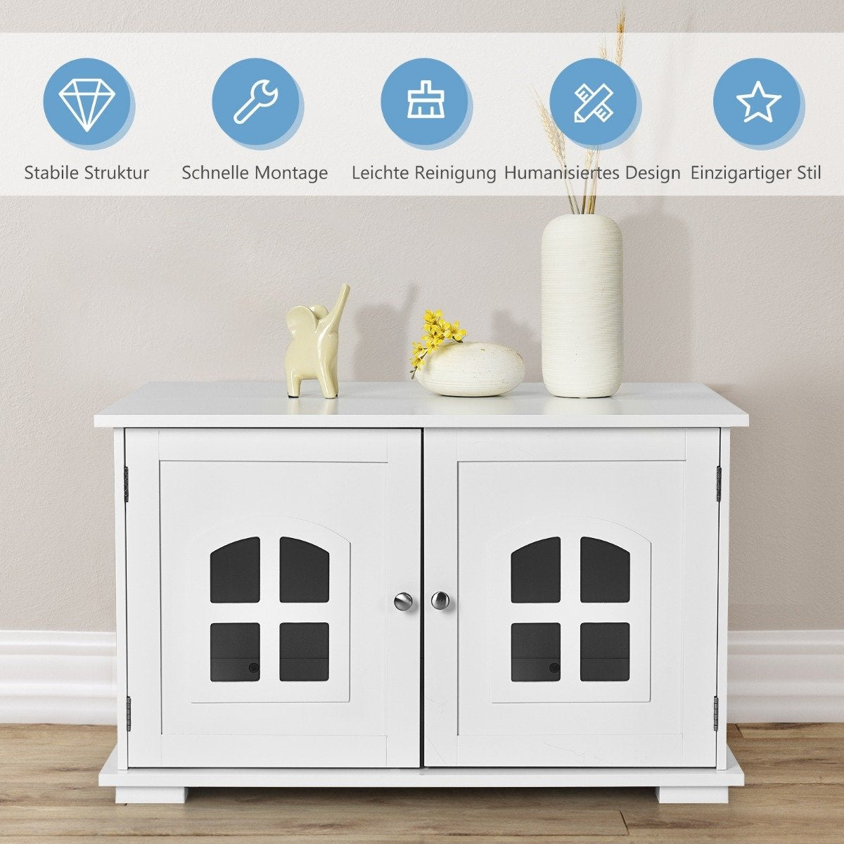 Litter Box Enclosure Cat House with Double Doors and Windows Decorative Litter Box