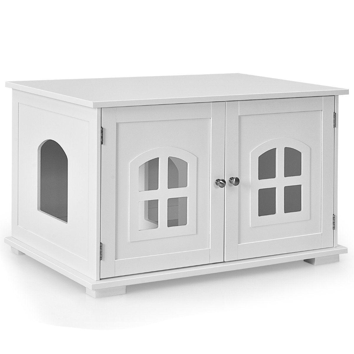 Litter Box Enclosure Cat House with Double Doors and Windows Decorative Litter Box