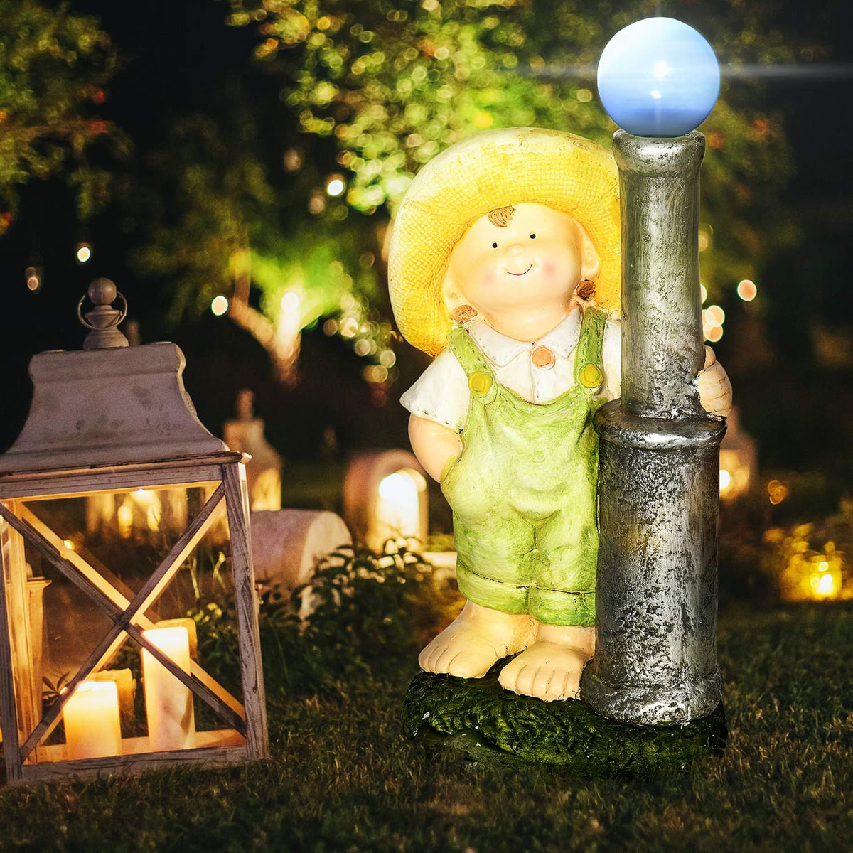 Little Boy With Lantern Garden Ornament With Led Solar Light, 56Cm Garden Lighting For Home Decoration, Garden