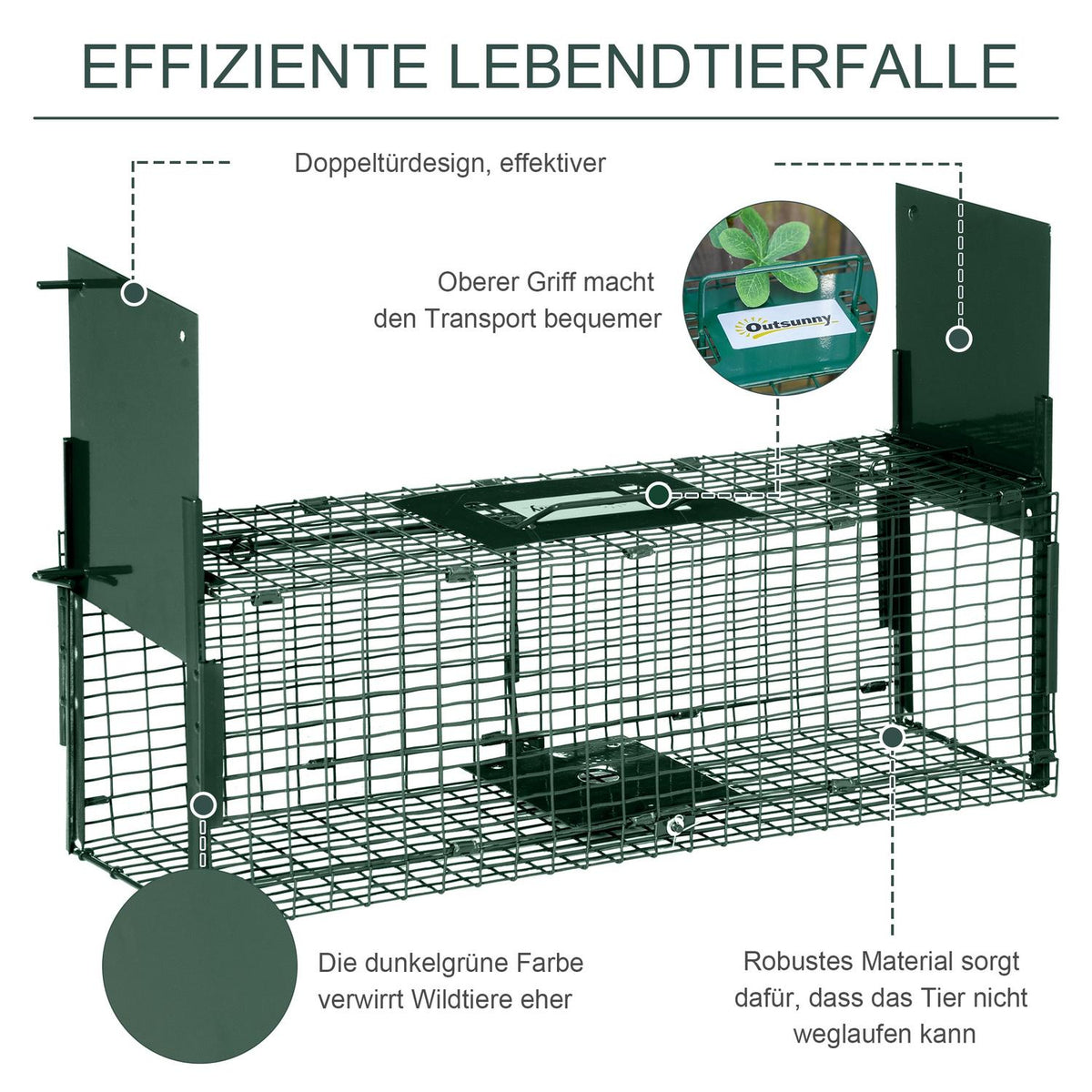 Live Trap, Marten Trap, Wire Trap With Double Door, Rat Trap, Steel, Dark Green, 60X18X20Cm