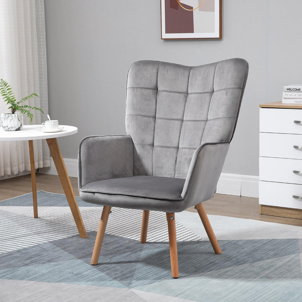 Living Room Chair, Dining Room Chair With Armrests, Backrest, Velvety Polyester, Beech Wood, Gray + Natural, 71X76X101Cm