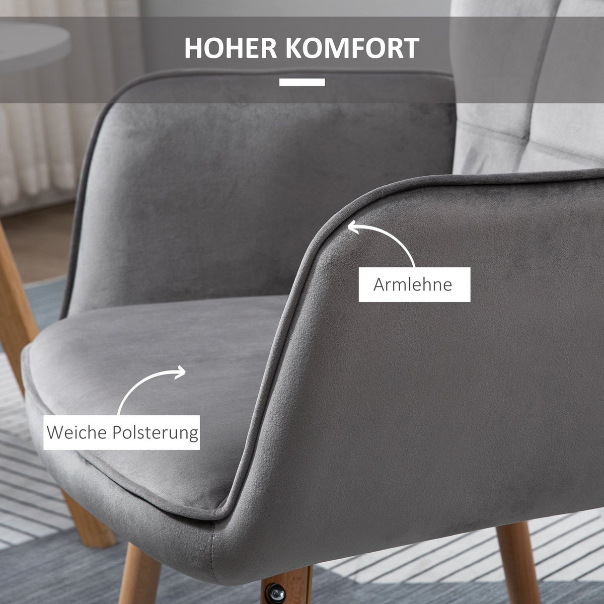 Living Room Chair, Dining Room Chair With Armrests, Backrest, Velvety Polyester, Beech Wood, Gray + Natural, 71X76X101Cm