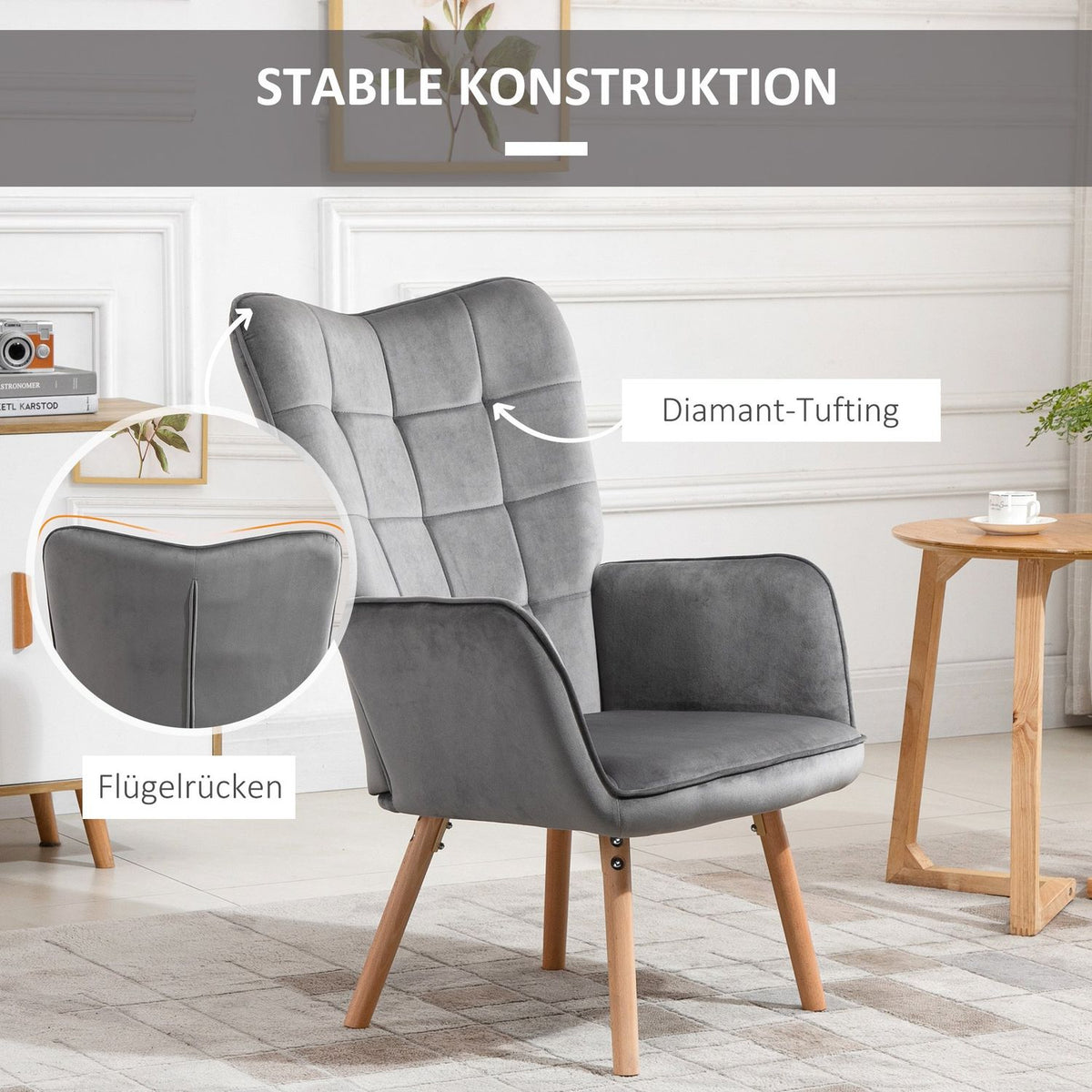 Living Room Chair, Dining Room Chair With Armrests, Backrest, Velvety Polyester, Beech Wood, Gray + Natural, 71X76X101Cm