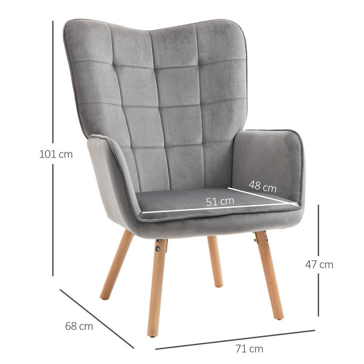Living Room Chair, Dining Room Chair With Armrests, Backrest, Velvety Polyester, Beech Wood, Gray + Natural, 71X76X101Cm