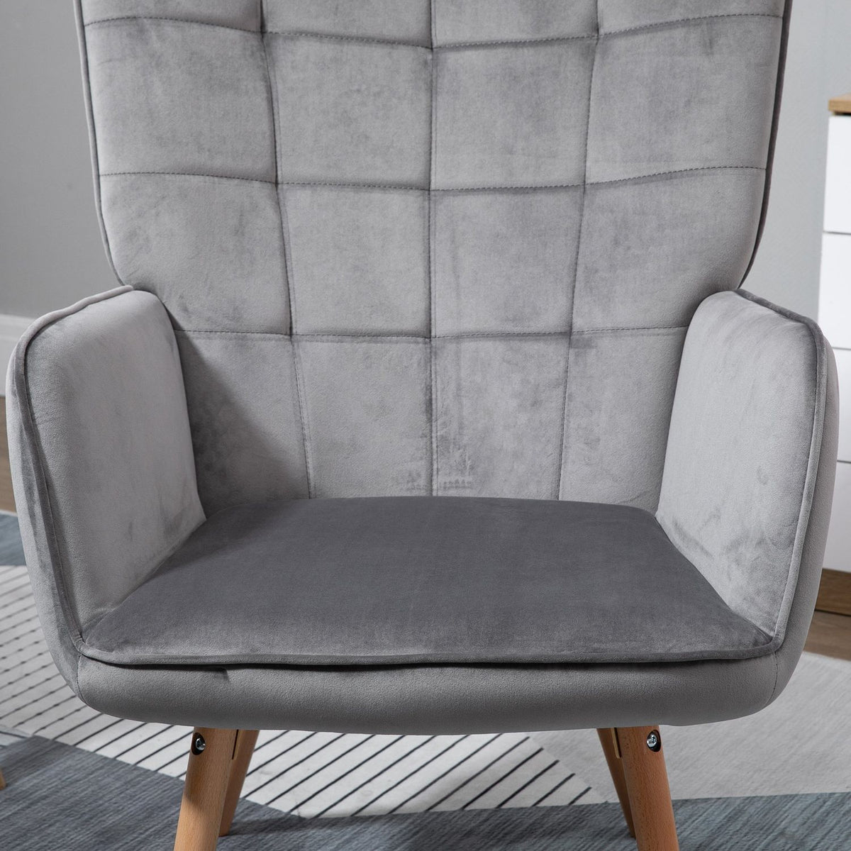 Living Room Chair, Dining Room Chair With Armrests, Backrest, Velvety Polyester, Beech Wood, Gray + Natural, 71X76X101Cm