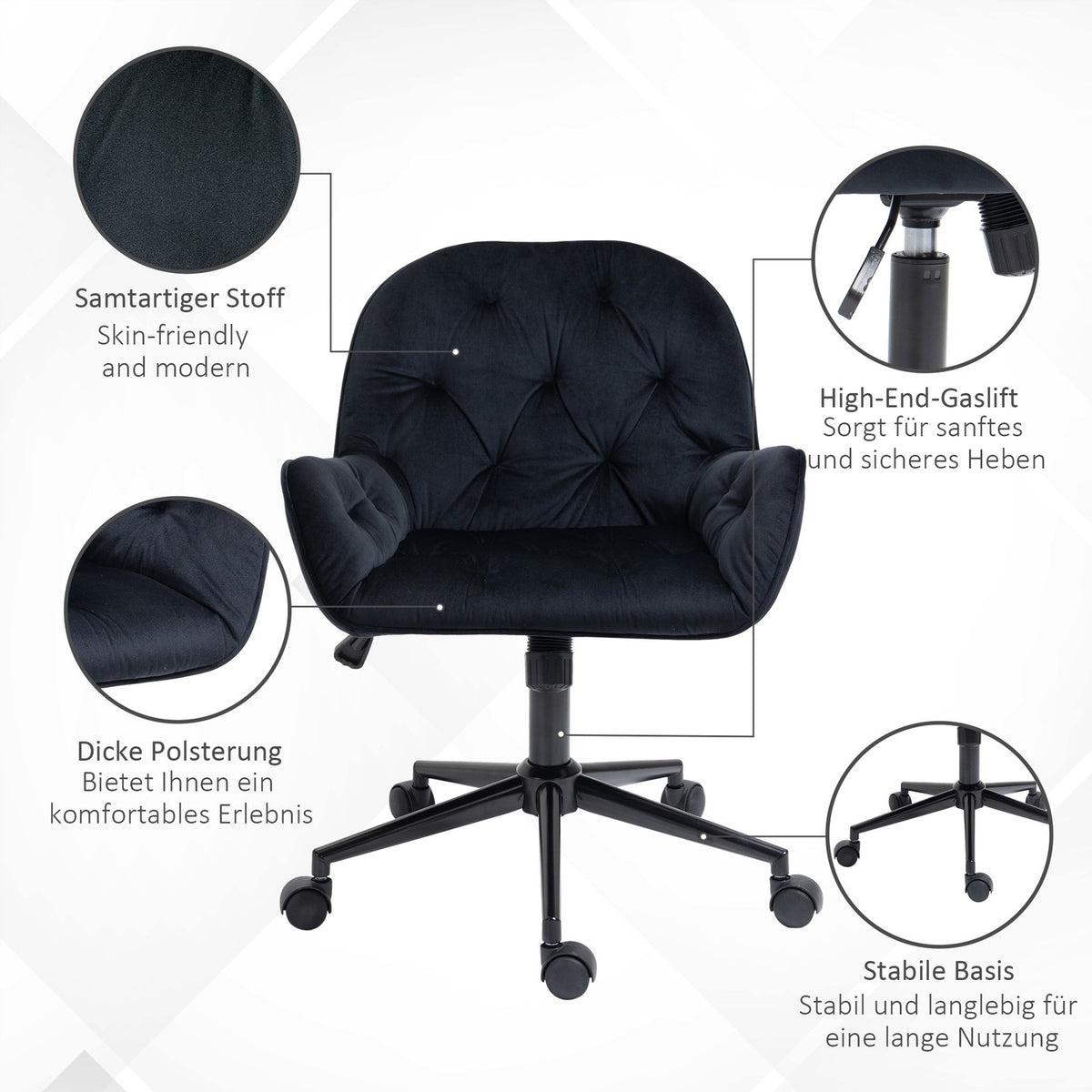 Living room chairs, height-adjustable swivel chair, height-adjustable desk chair, velvet look, black