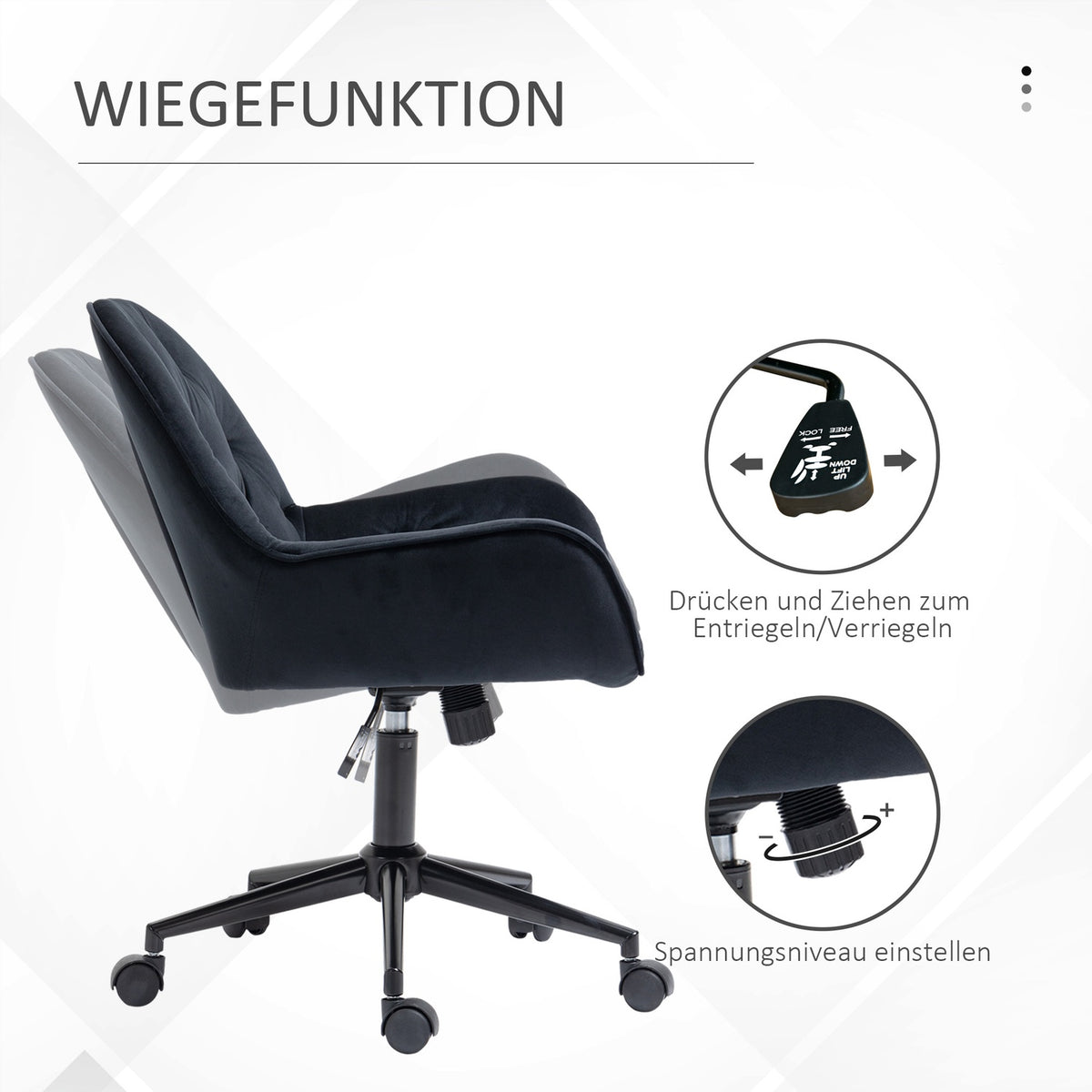Living room chairs, height-adjustable swivel chair, height-adjustable desk chair, velvet look, black