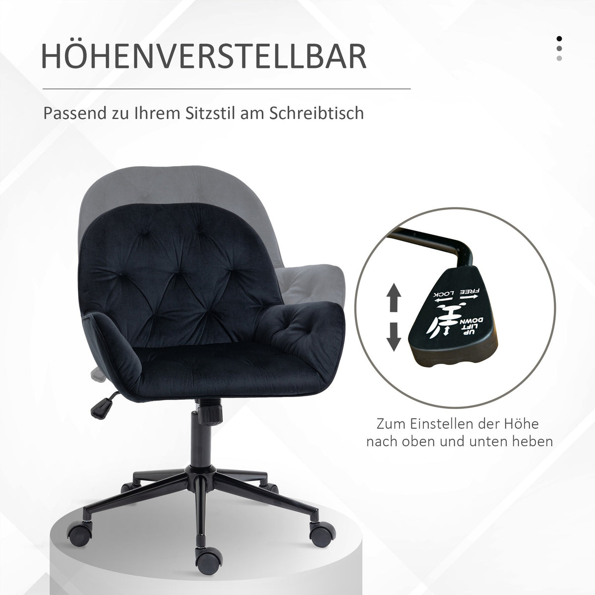 Living room chairs, height-adjustable swivel chair, height-adjustable desk chair, velvet look, black