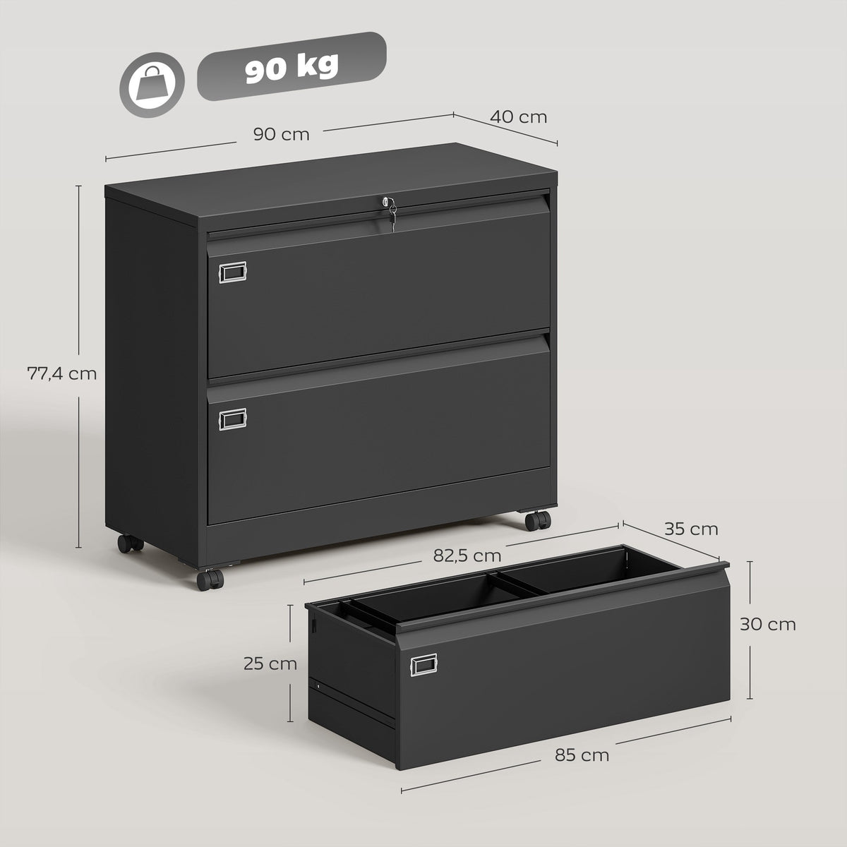 Lockable File Cabinet with 2 Drawers, Adjustable Rails, Black