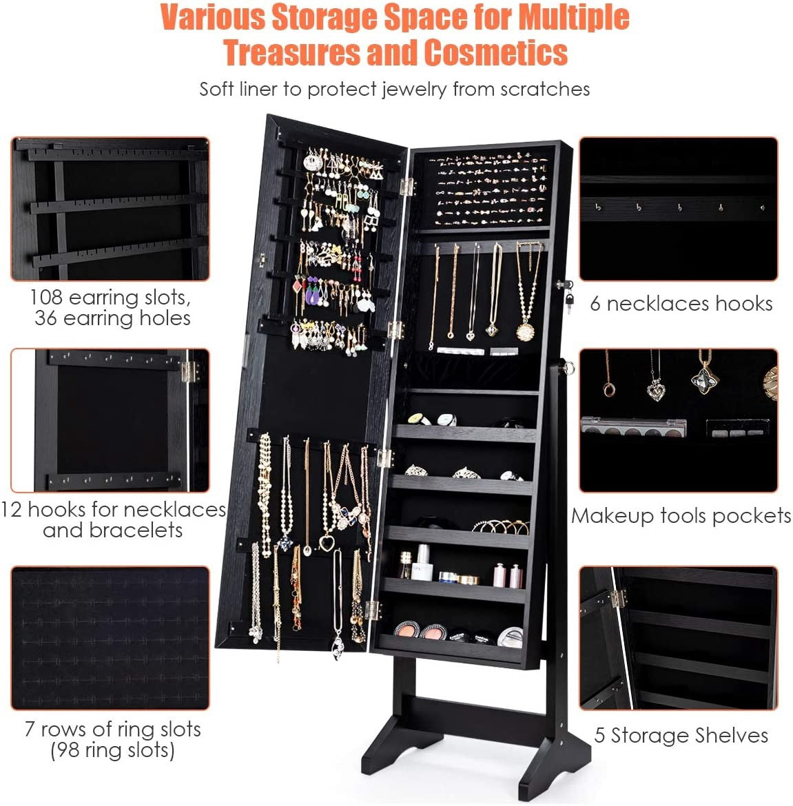 Lockable Jewelry Armoire with Full-Length Mirror, Black
