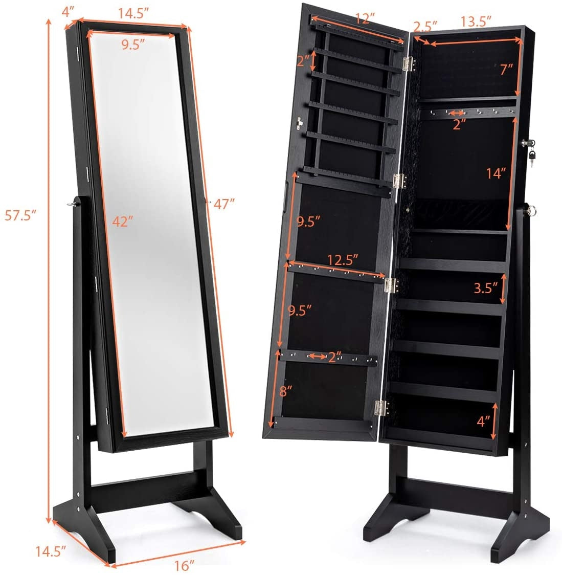 Lockable Jewelry Armoire with Full-Length Mirror, Black