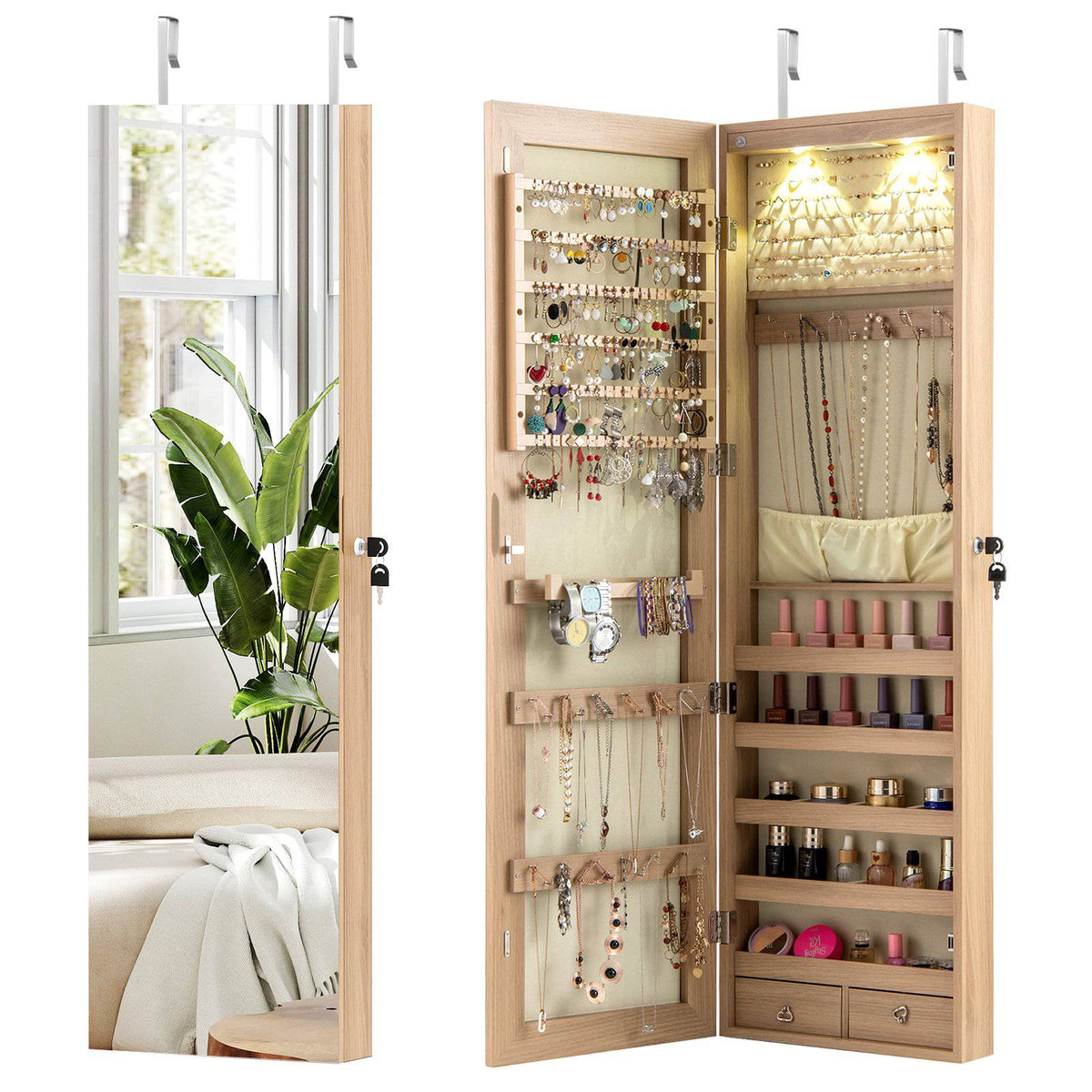 Lockable Jewelry Cabinet With Mirror, LED, Wall Mount