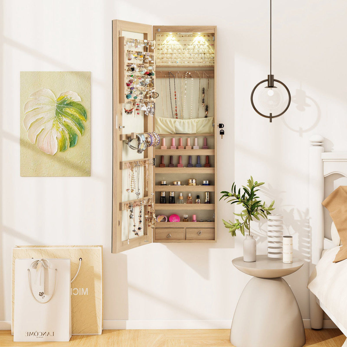 Lockable Jewelry Cabinet With Mirror, LED, Wall Mount