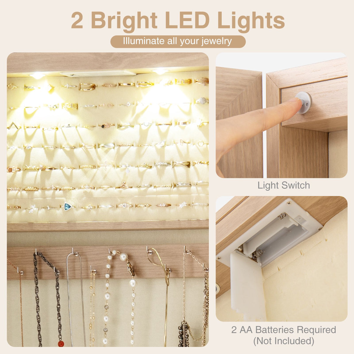 Lockable Jewelry Cabinet With Mirror, LED, Wall Mount