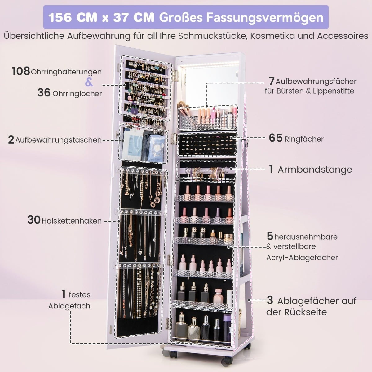 Lockable Jewelry Cabinet with Mirror, Adjustable Shelves, LED