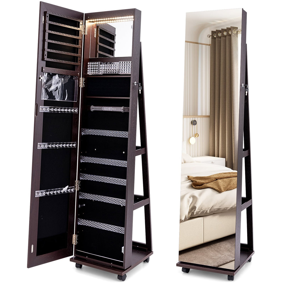 Lockable Jewelry Cabinet with Mirror, LED, Adjustable Shelves