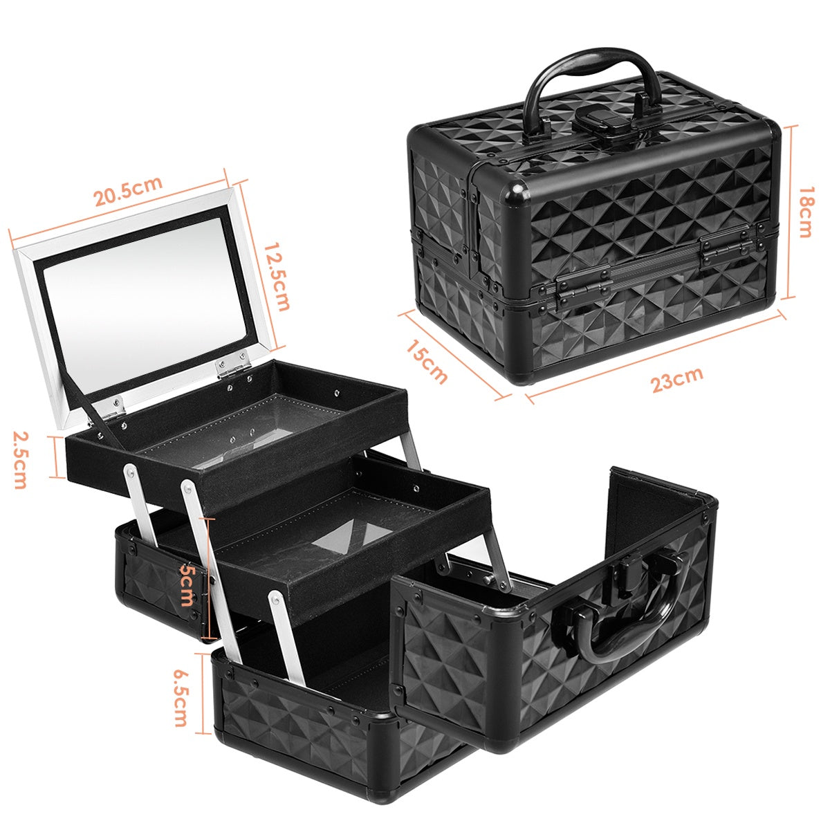 Lockable Makeup Train Case With Mirror, Trays, Black