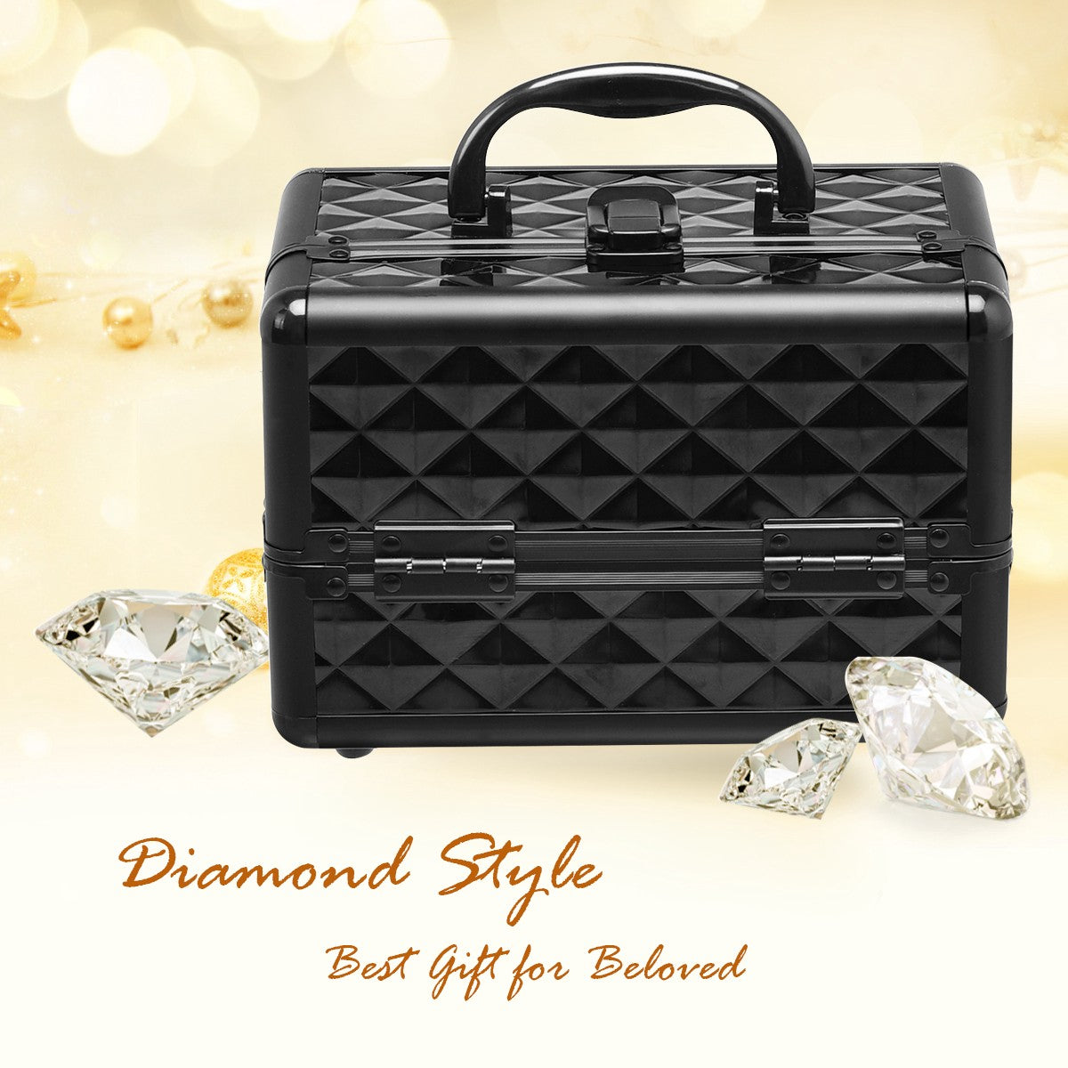 Lockable Makeup Train Case With Mirror, Trays, Black