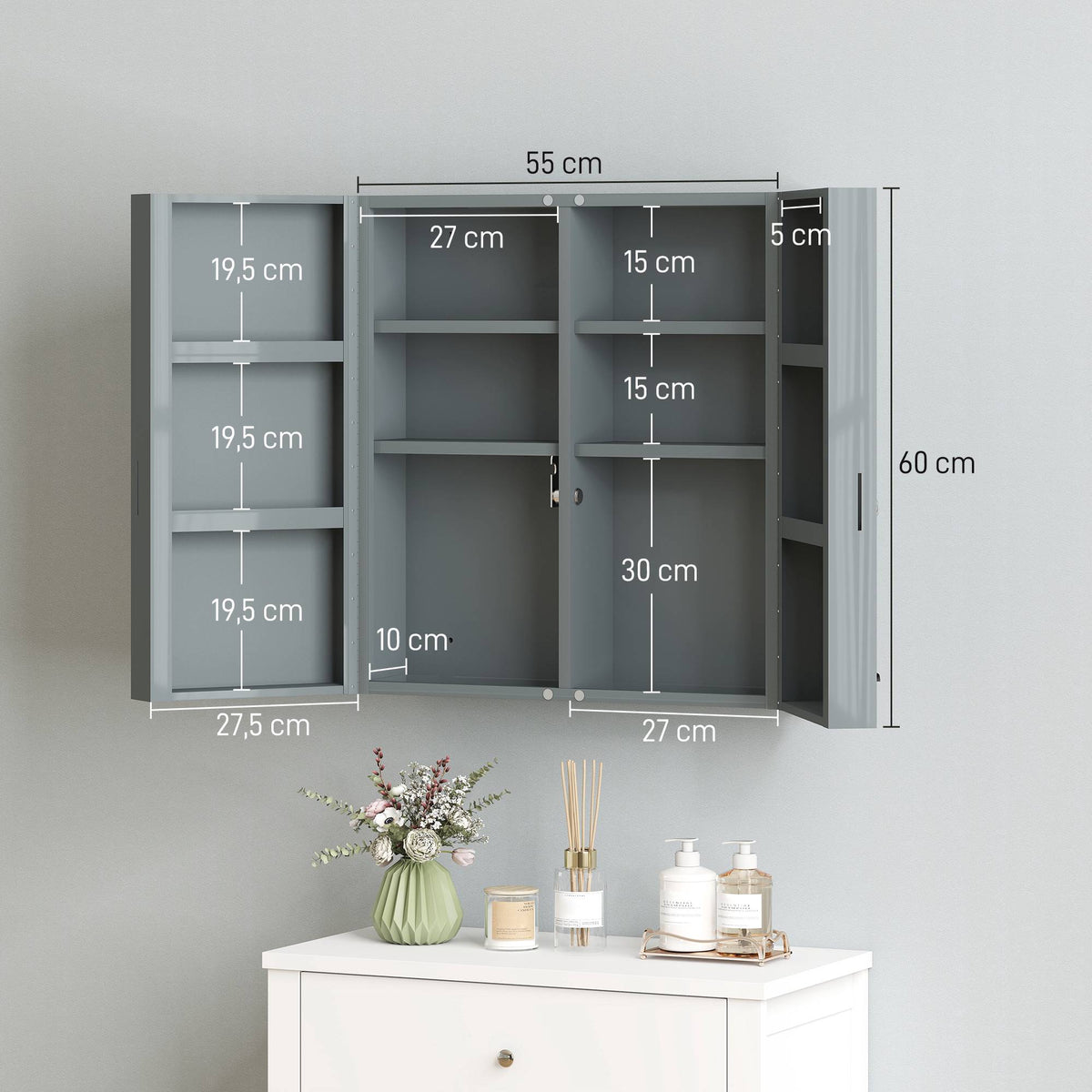 Lockable Medicine Cabinet, 6 Shelves, Charcoal Gray Steel