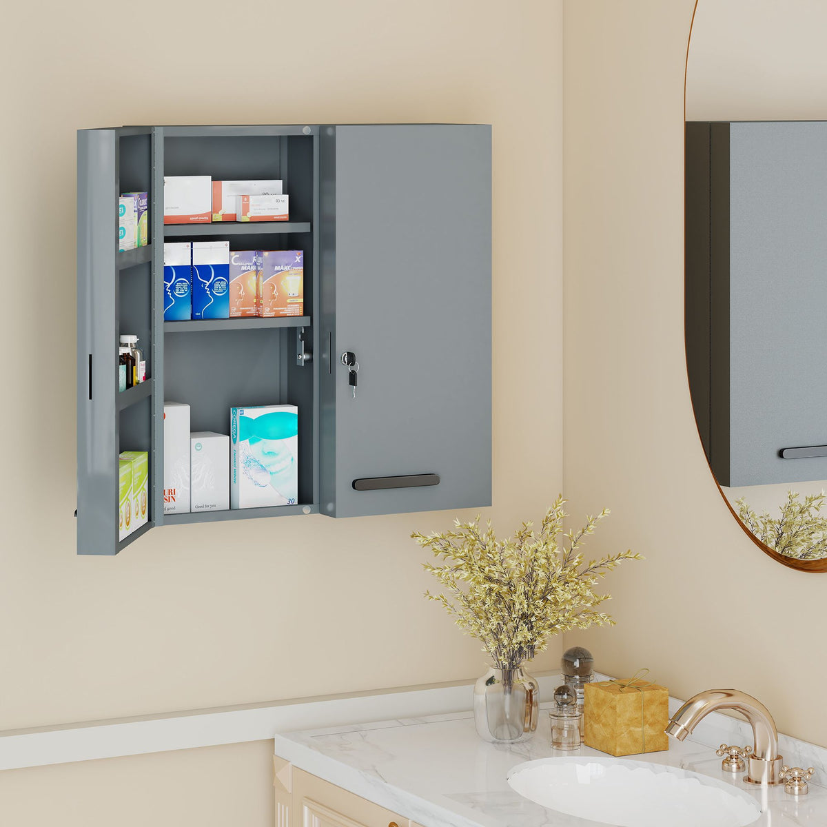 Lockable Medicine Cabinet, 6 Shelves, Charcoal Gray Steel
