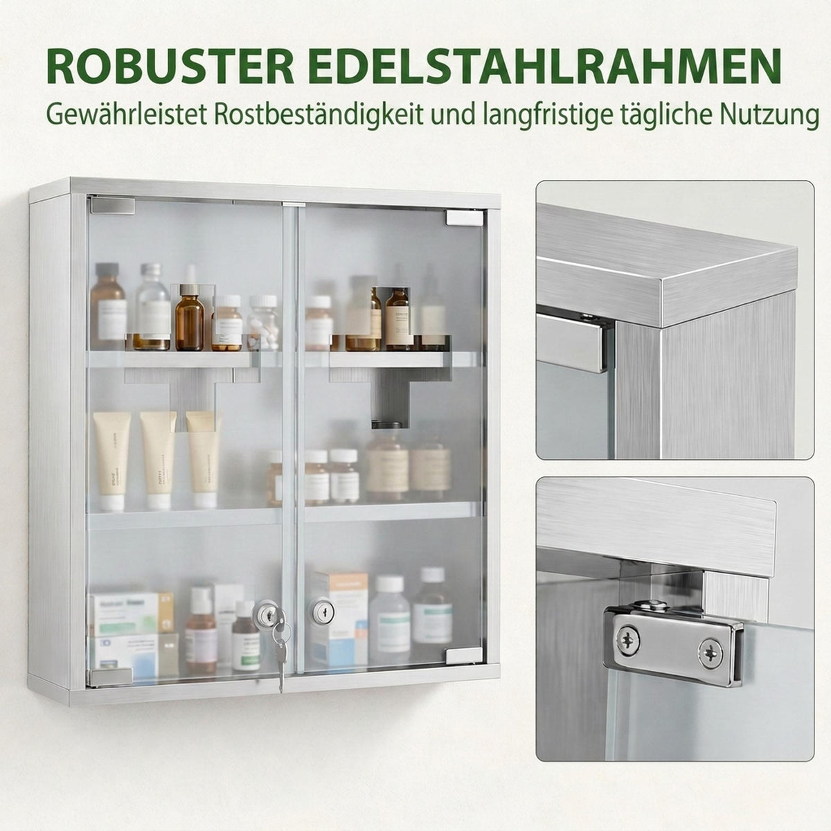 Lockable Medicine Cabinet, Glass Door, 6 Shelves, Silver