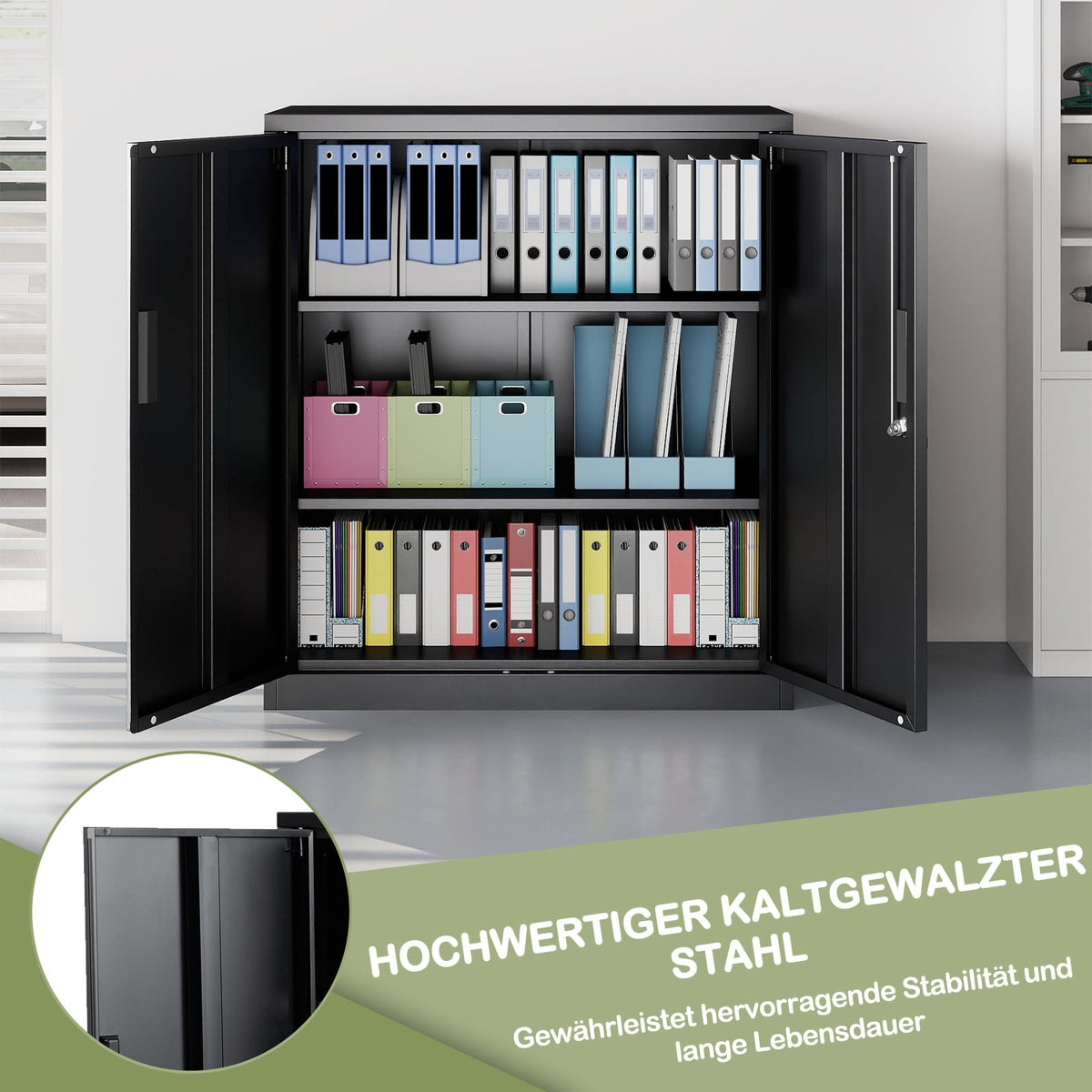 Lockable Metal Storage Cabinet, Adjustable Shelves, Black