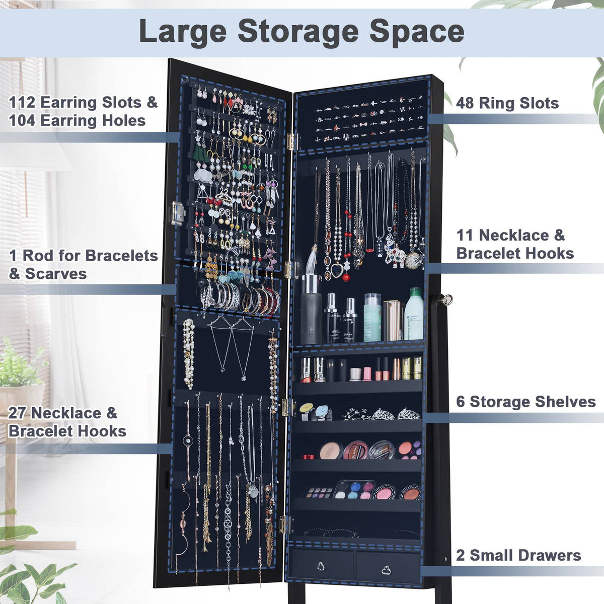 Lockable Mirrored Jewelry Cabinet, Full-Length Mirror, Black
