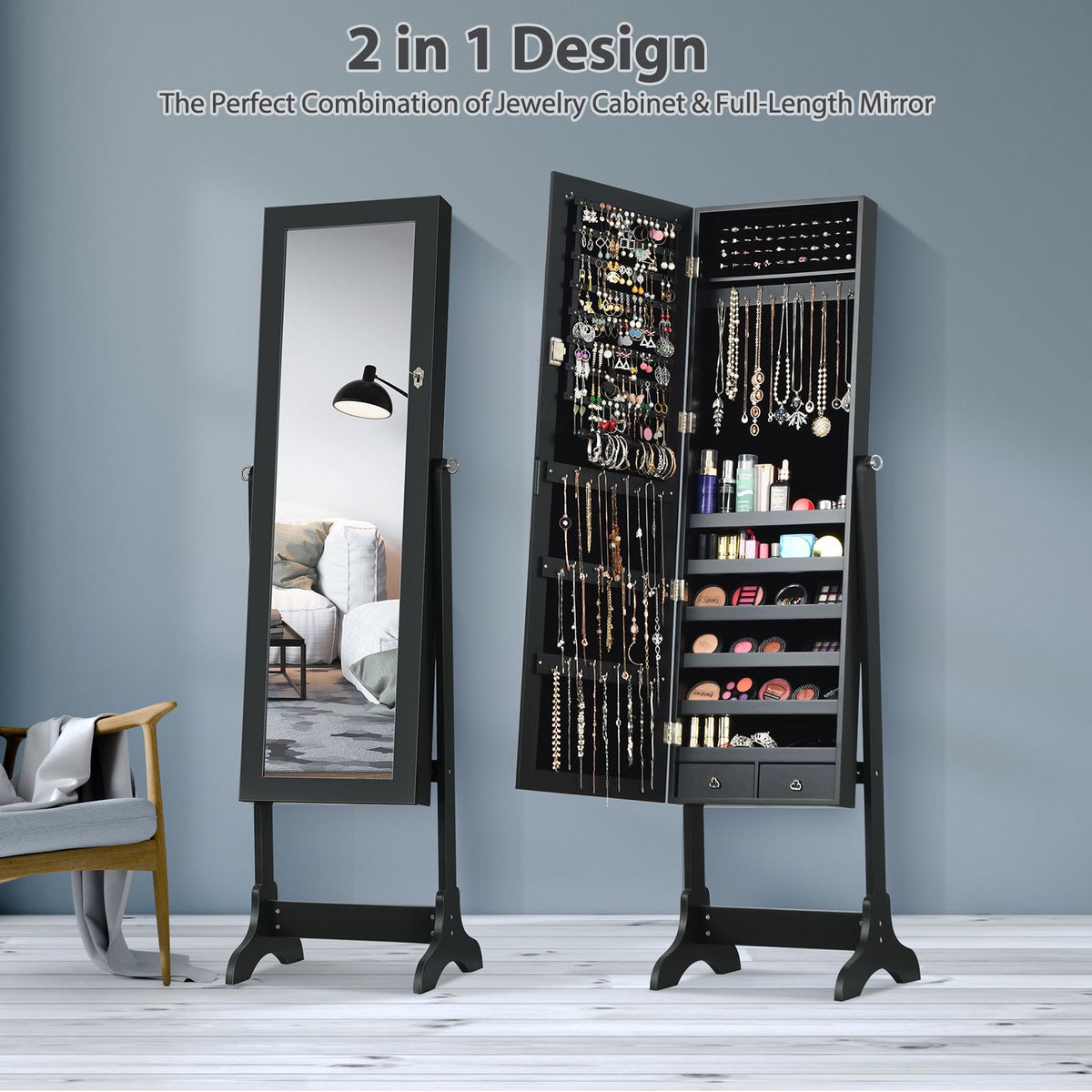 Lockable Mirrored Jewelry Cabinet, Full-Length Mirror, Black